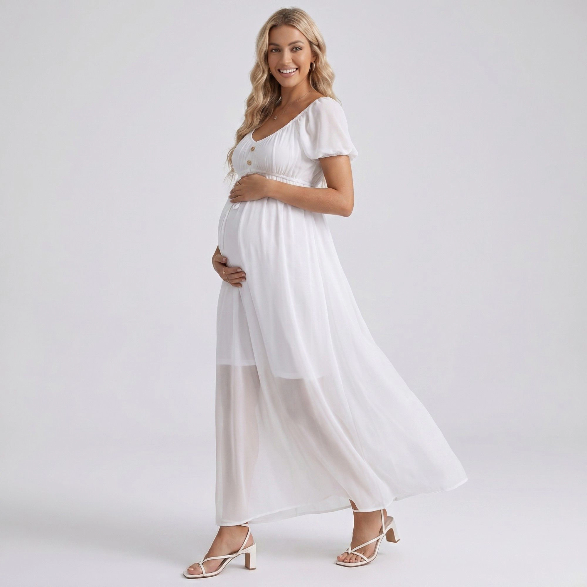 Anna-Kaci Women's Puff Sleeve Button Front Tie Detail Maternity Maxi Dress