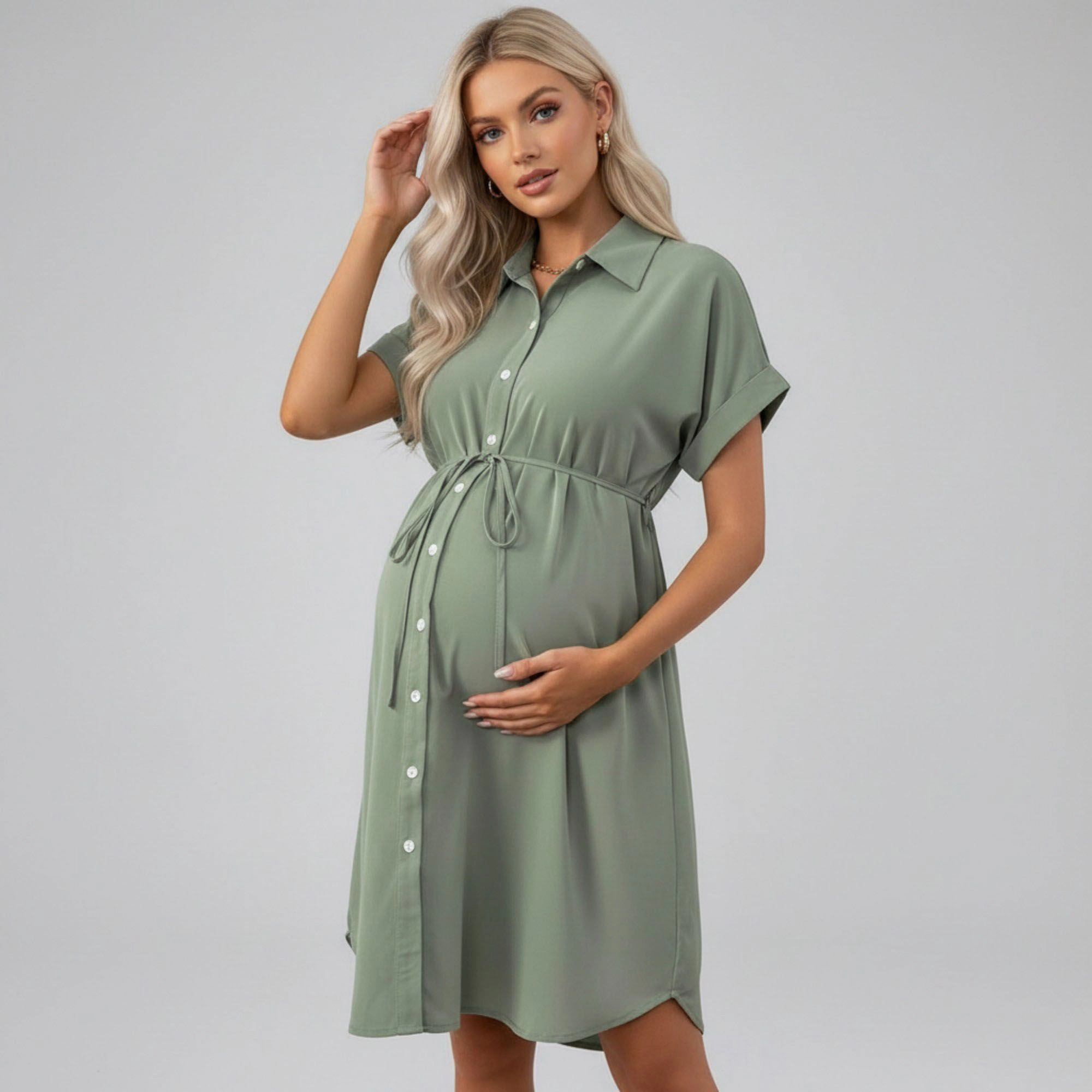 Anna-Kaci Womens Maternity Button-Down Collared Midi Shirt Dress with Tie Waist