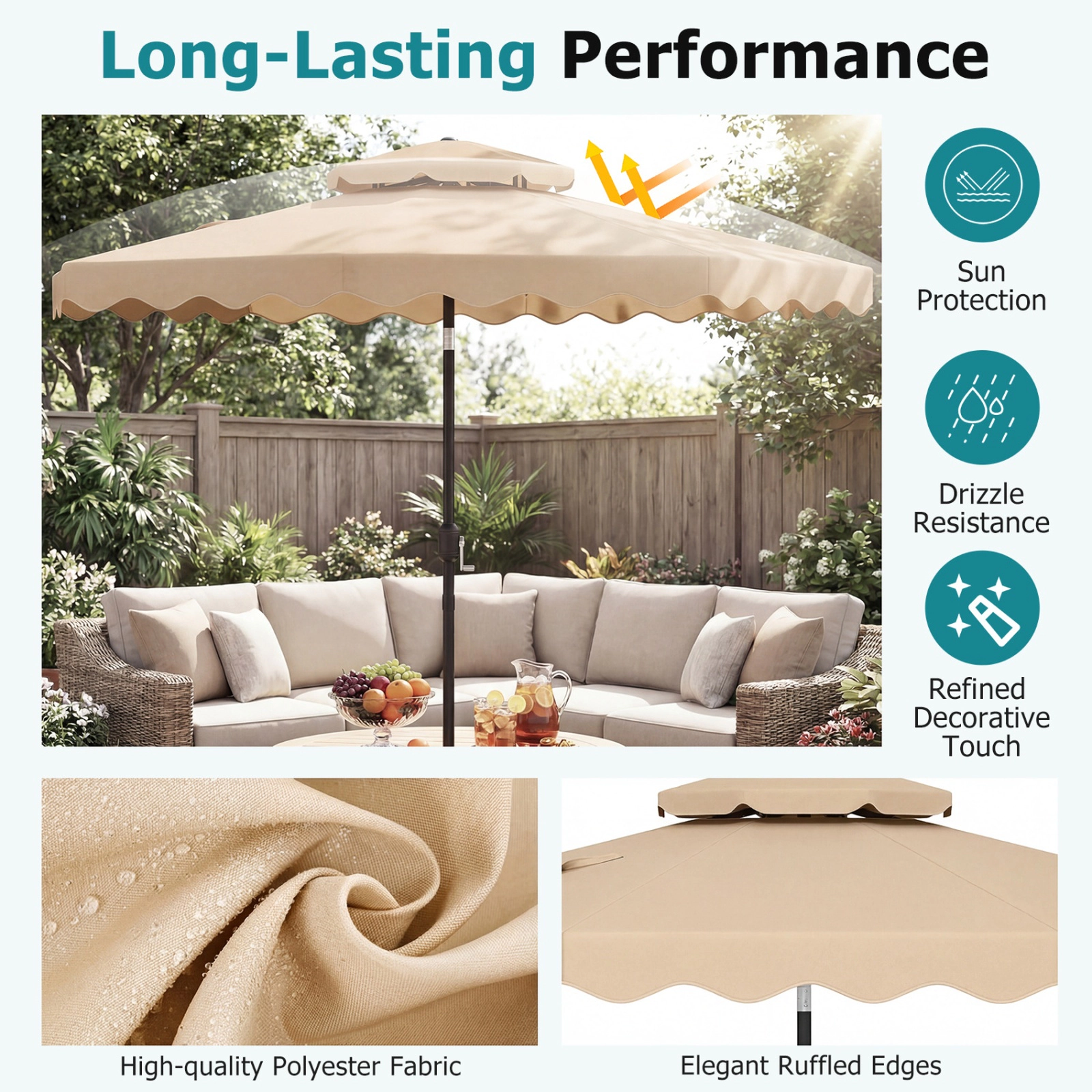 SUGIFT Vented Patio Umbrella with Push Button Tilt and Crank 9-Ft Canopy Beige