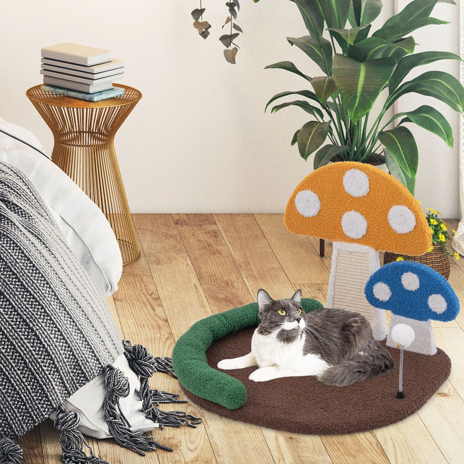SlickBlue Mushroom Cat Bed with Scratching Board and Toy Ball