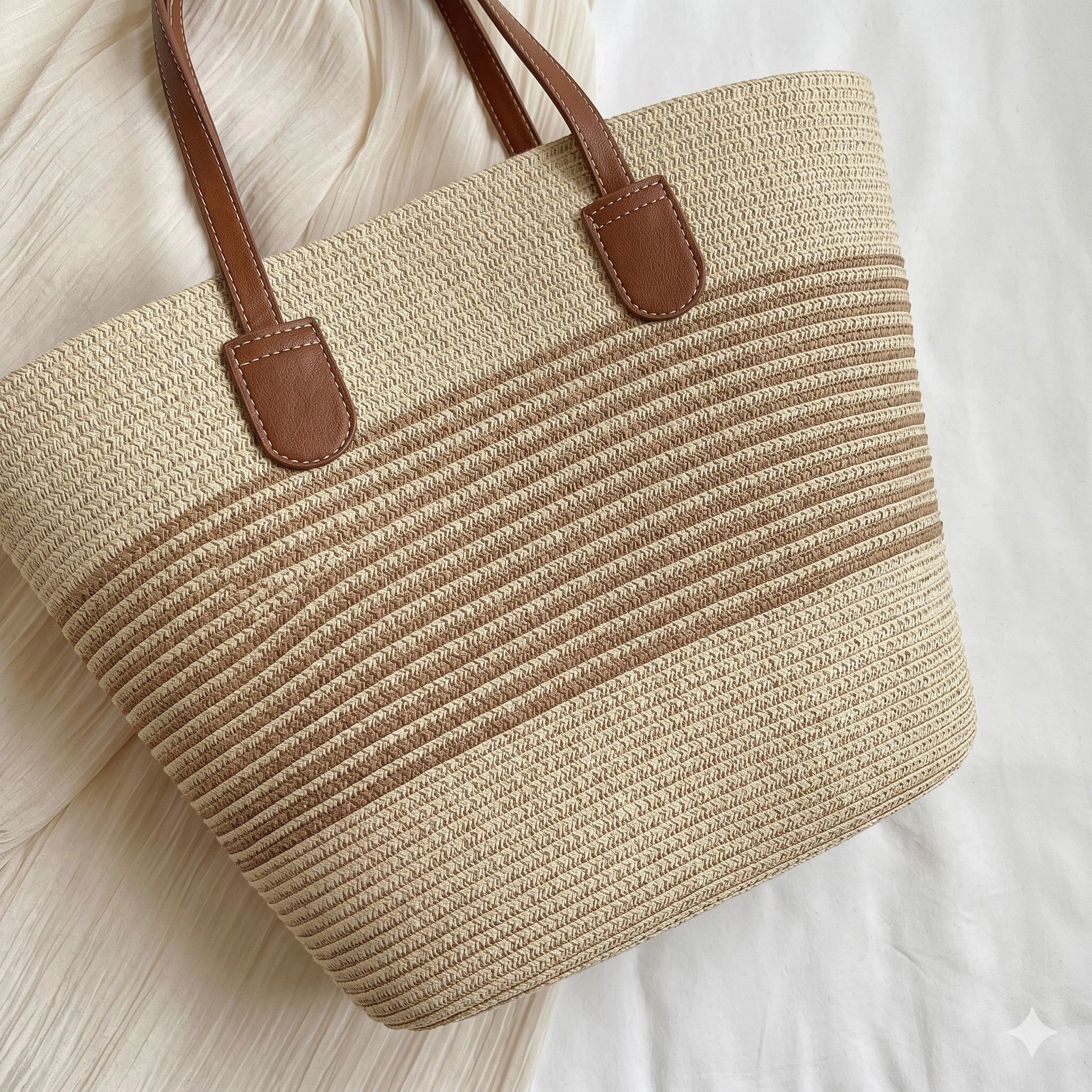 Alilang Women's Striped Woven Straw Tote Bag Large Capacity Zip Top Shoulder Carryall Handbag, Beige