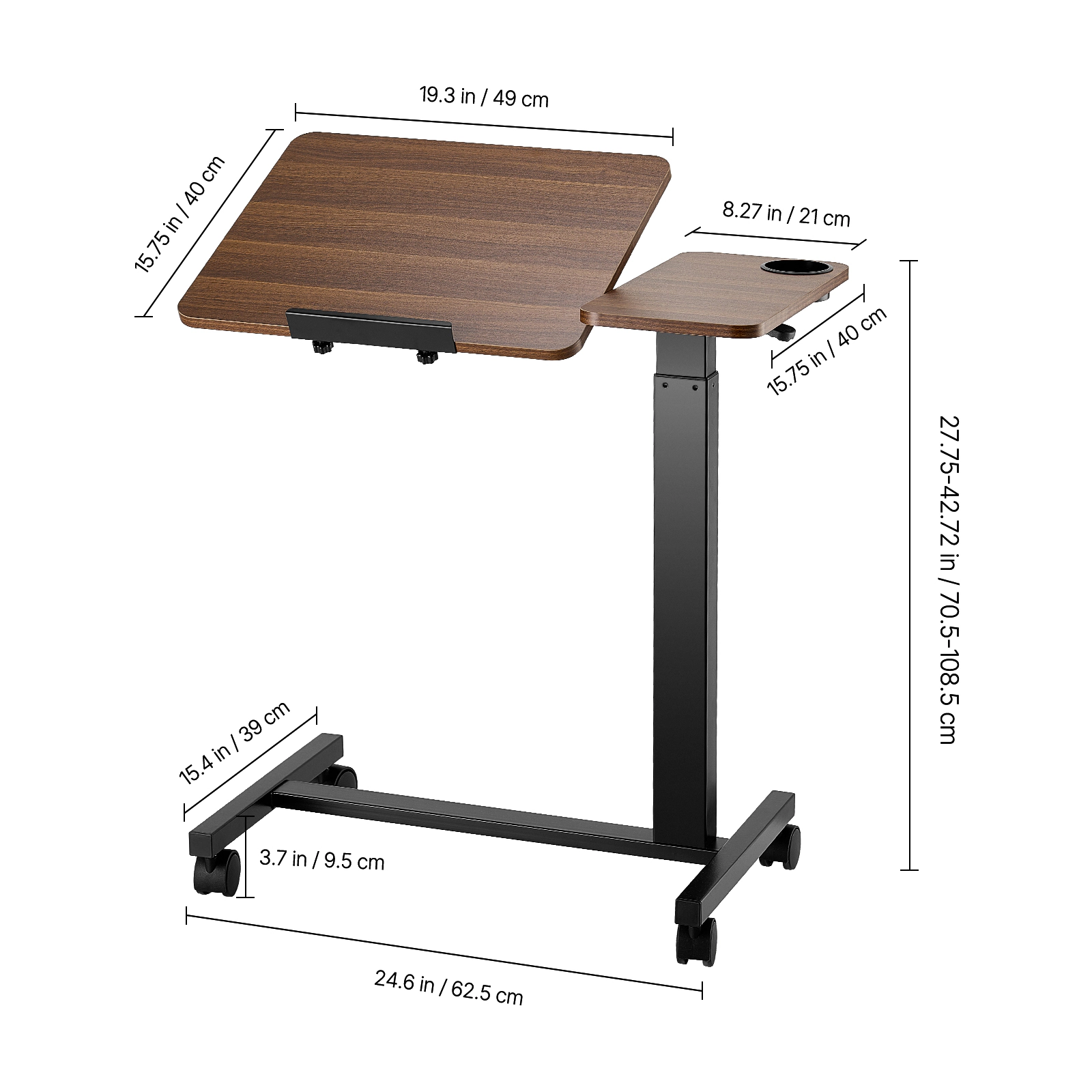 HONGGE Height-Adjustable Overbed Table on Wheels, Tilting Rolling Laptop Desk with Cup Holder for Bed