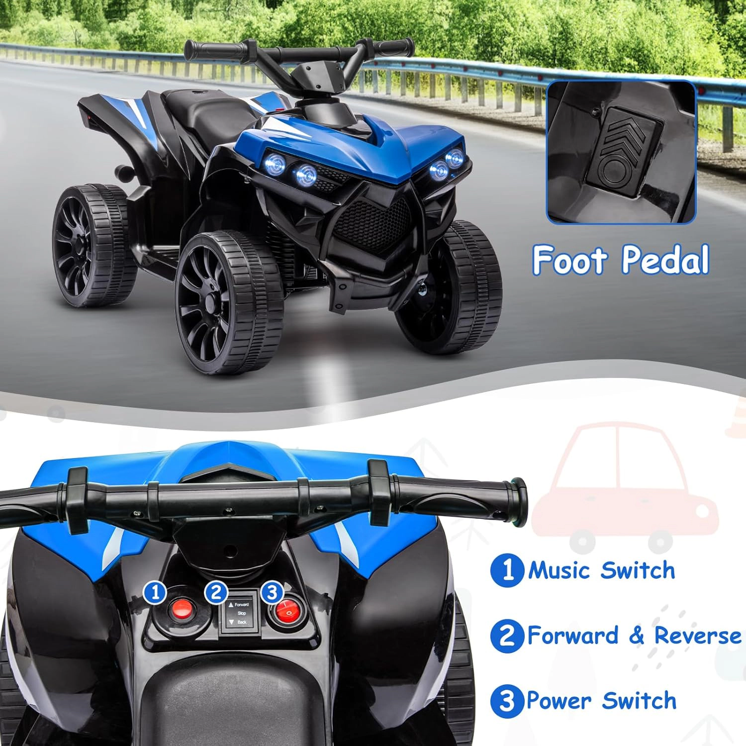 Enjyam 6V Kids ATV Quad Ride On Toy, Electric 4-Wheeler w/1.8MPH Speed, Music, LED Headlight, Foot Pedal