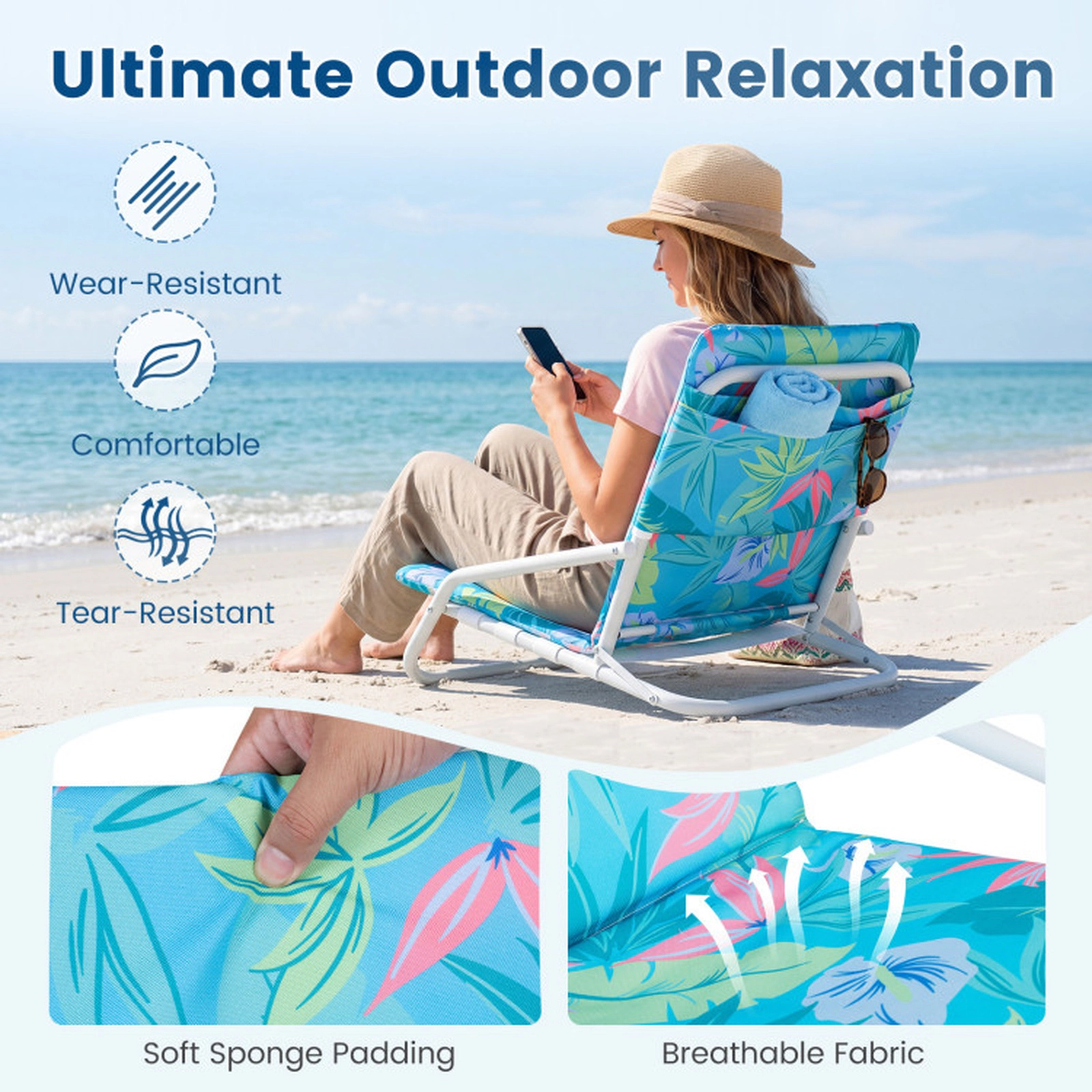 SUGIFT Set of 2 Folding Beach Chairs with Sponge Padded Seat 440-lb Capacity Navy/Colorful
