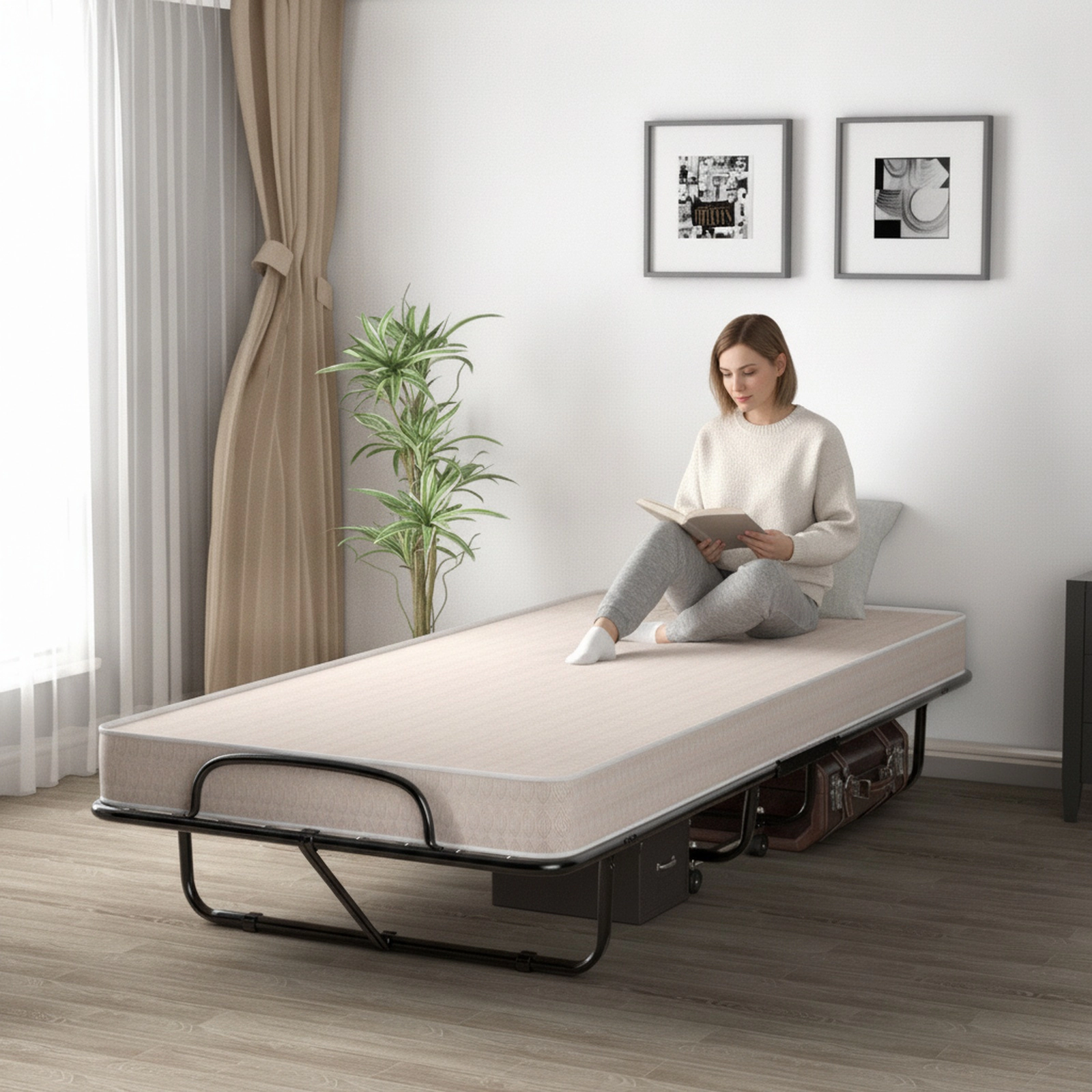 SUGIFT Twin Rollaway Guest Bed with Memory Foam Mattress, Beige