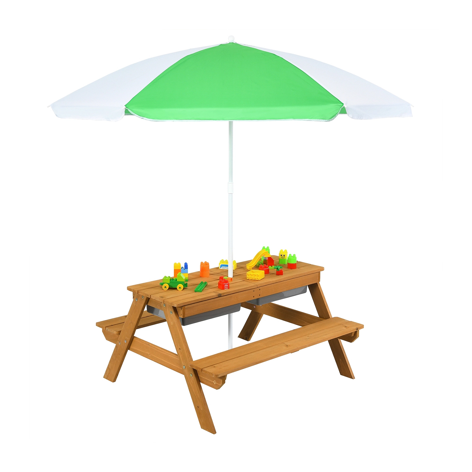SUGIFT 3-in-1 Kids Outdoor Picnic Water Sand Table and Bench Set with Umbrella 110-lb Tabletop Capacity Ages 3-7 Green