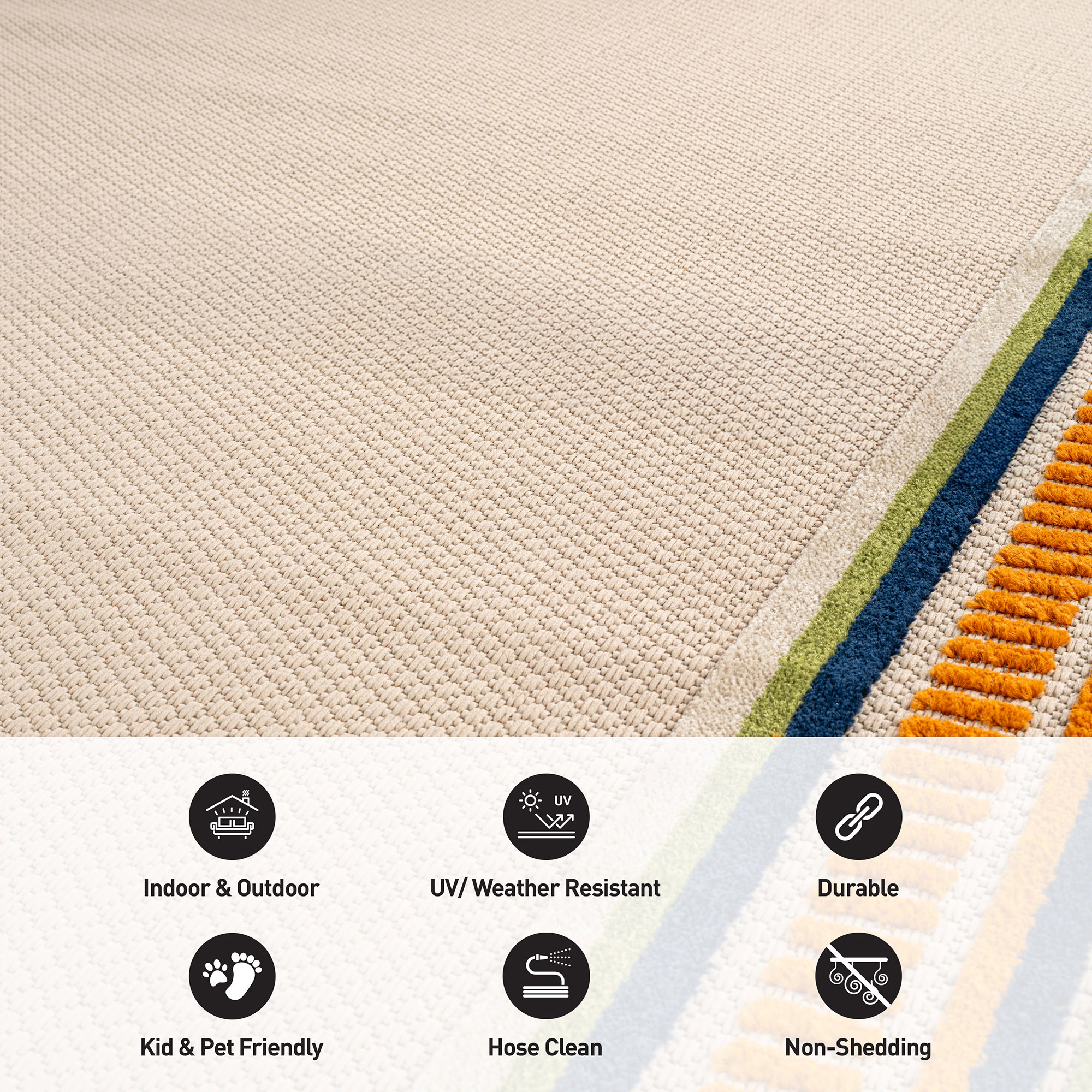 World Rug Gallery Indoor/Outdoor High-Low Textured Area Rug, Coastal Border Ivory/Multi, Easy-Clean Patio