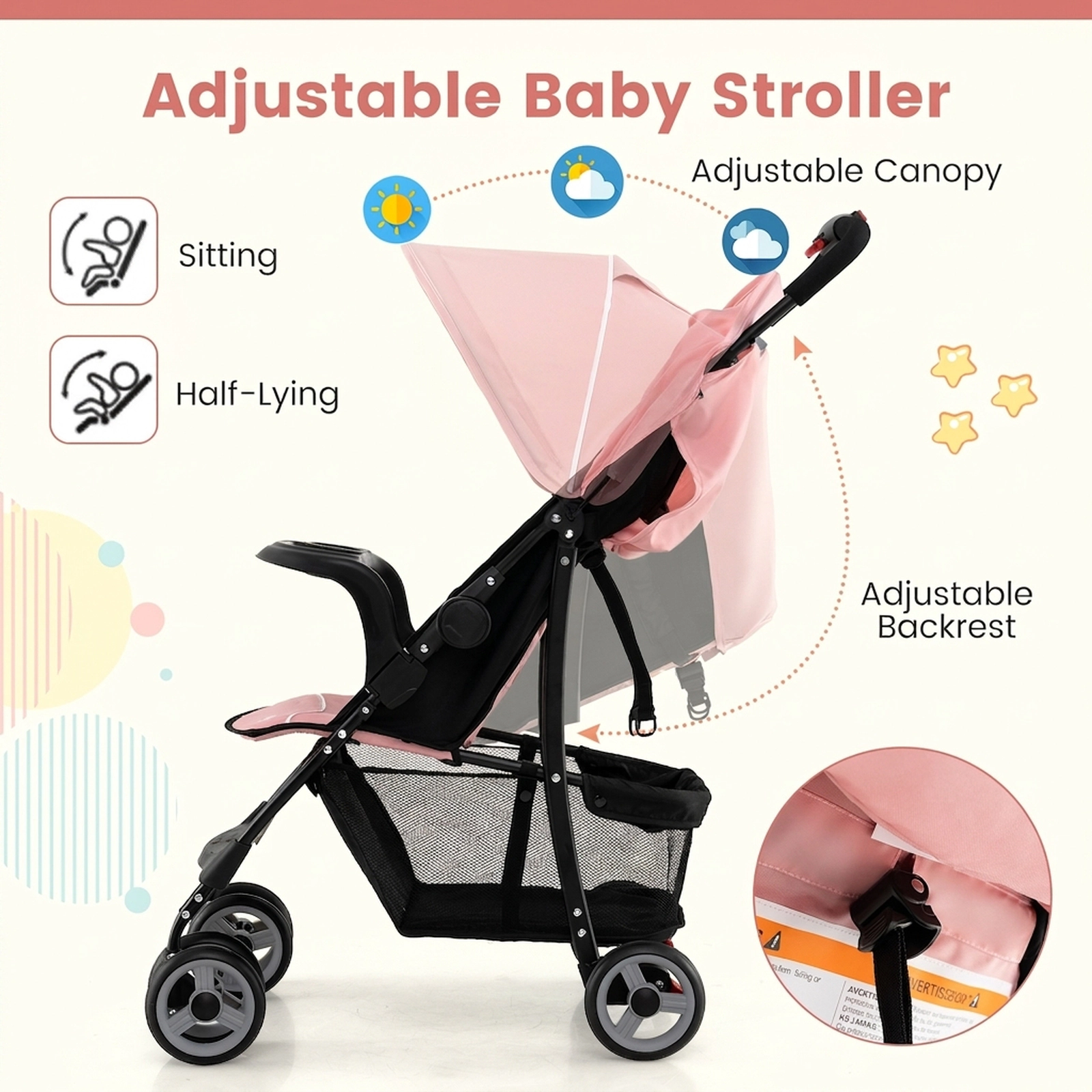 SUGIFT Pink 33-lb Capacity Steel Frame Toddler Travel Stroller with Multi-Position Recline and 5.5-in Wheels
