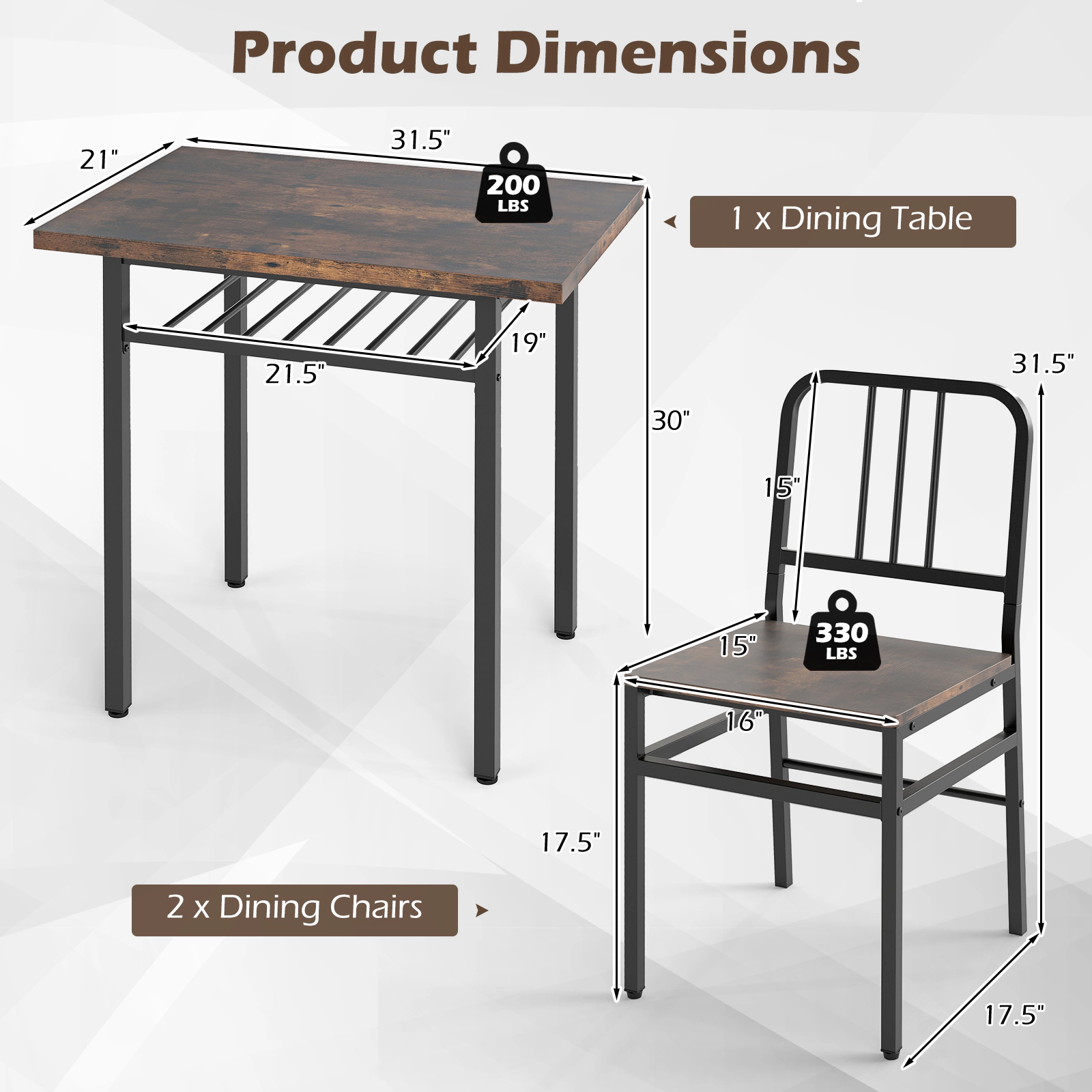 SUGIFT 3 Piece Dining Set Rustic Brown 31.5 in Table with Storage Shelf and 2 Chairs