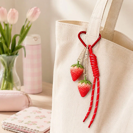 Alilang Women's 3D Strawberry Bag Charm Keychain with Heart Clasp and Braided Cord Tails, Lime Green