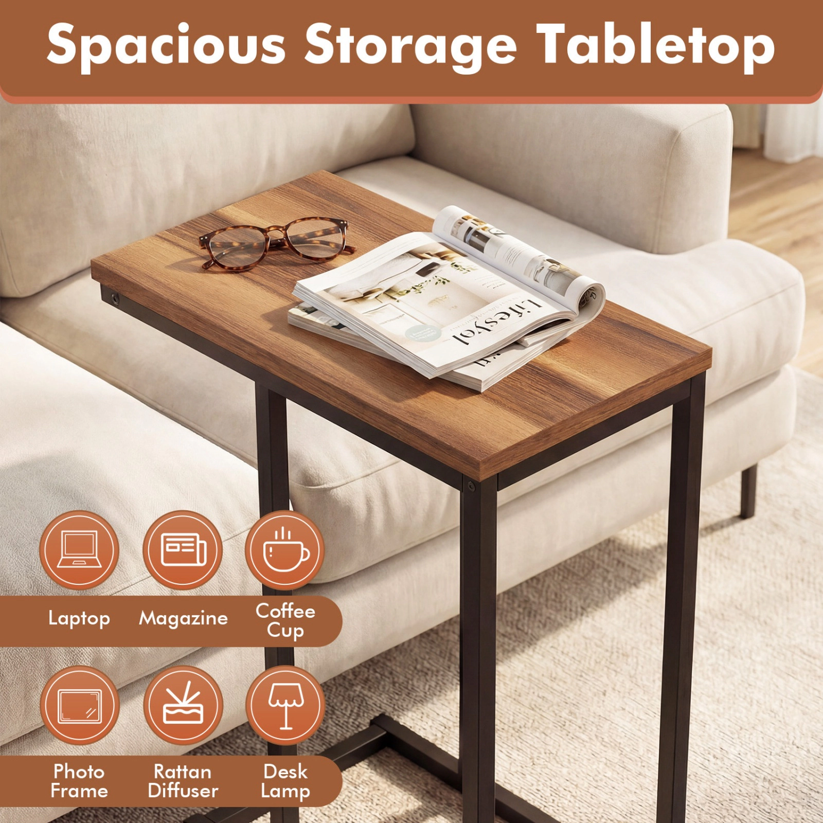 SUGIFT Sturdy Metal Frame and 18 in Tabletop Walnut C-Shaped End Table