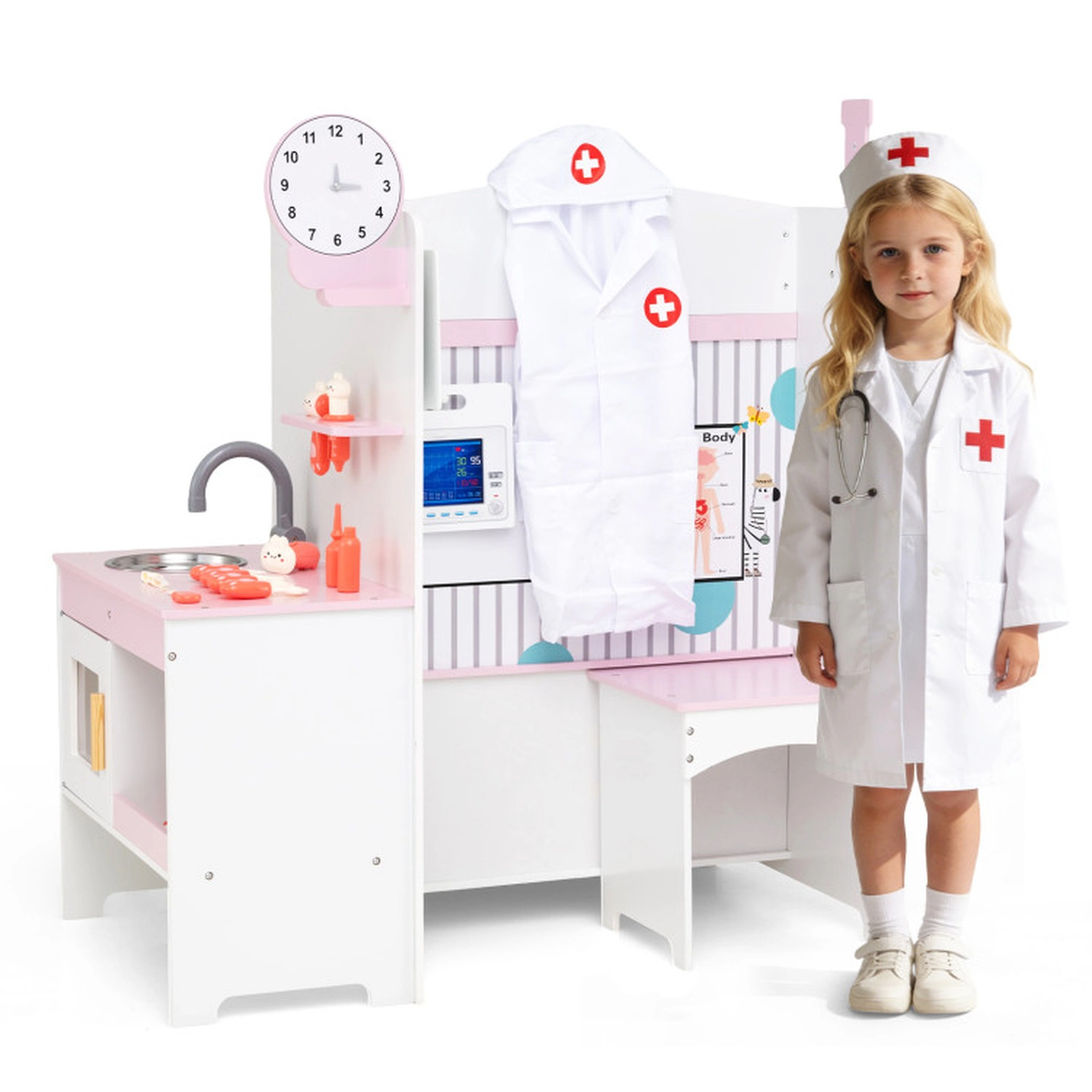 SUGIFT Kids Doctor Play Set with Adjustable Height Bar Medical Station Ages 3-6 with 27 Accessories Pink and White