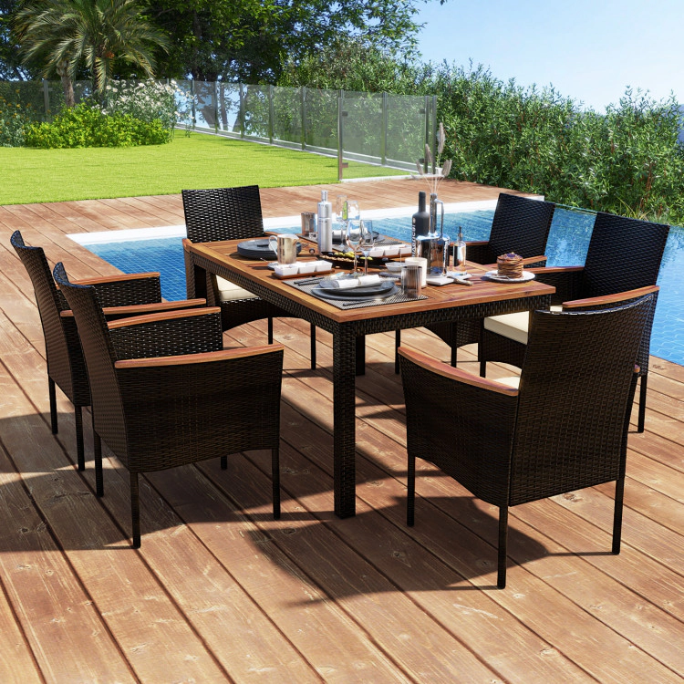 Hivvago 7 Pieces Rattan Patio Dining Set With Stackable Chairs And Umbrella Hole