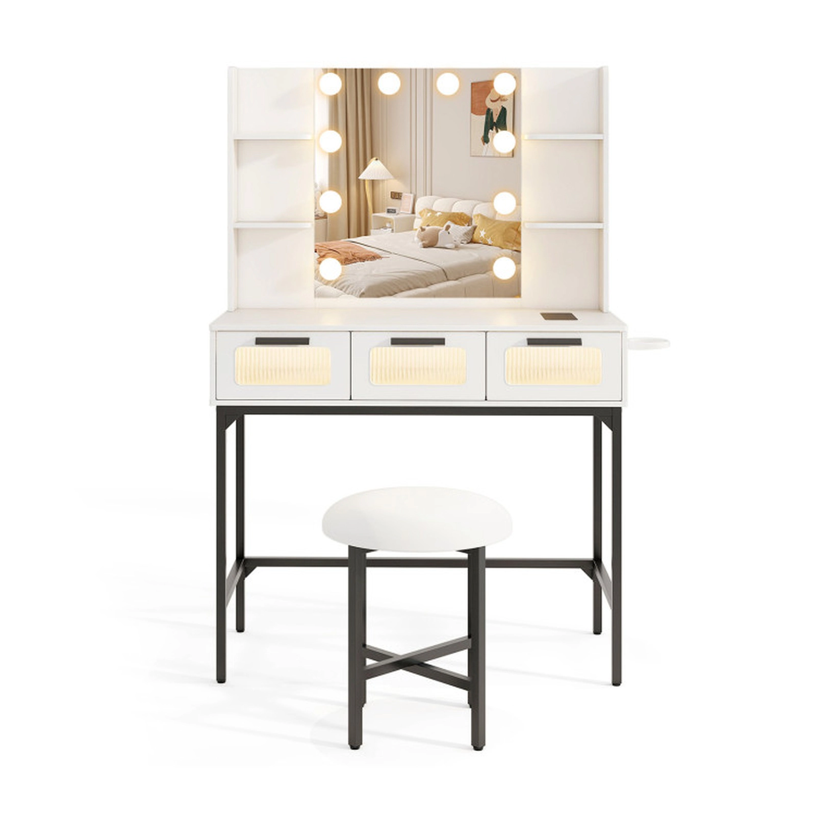 SUGIFT 35.5-in White Vanity Makeup Desk with 10-Bulb Hollywood Mirror Charging Station and Anti-Tip Kit