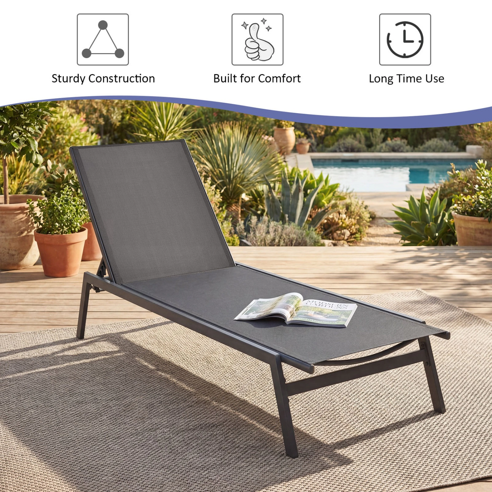 SUGIFT Outdoor Reclining Chaise Lounge Chair with 6-Position Adjustable Back 330-Lb Capacity Gray