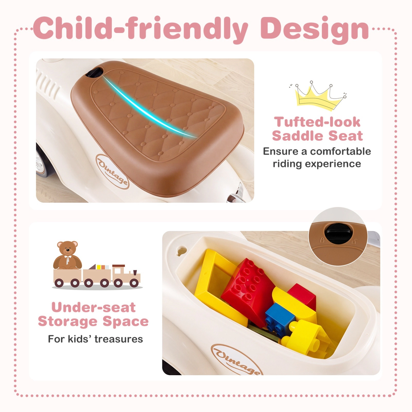 Kids Sit to Stand Ride on Vehicle Working Steering Wheel Under Seat Storage Retro Styling 18-36 Months 55-lb Limit