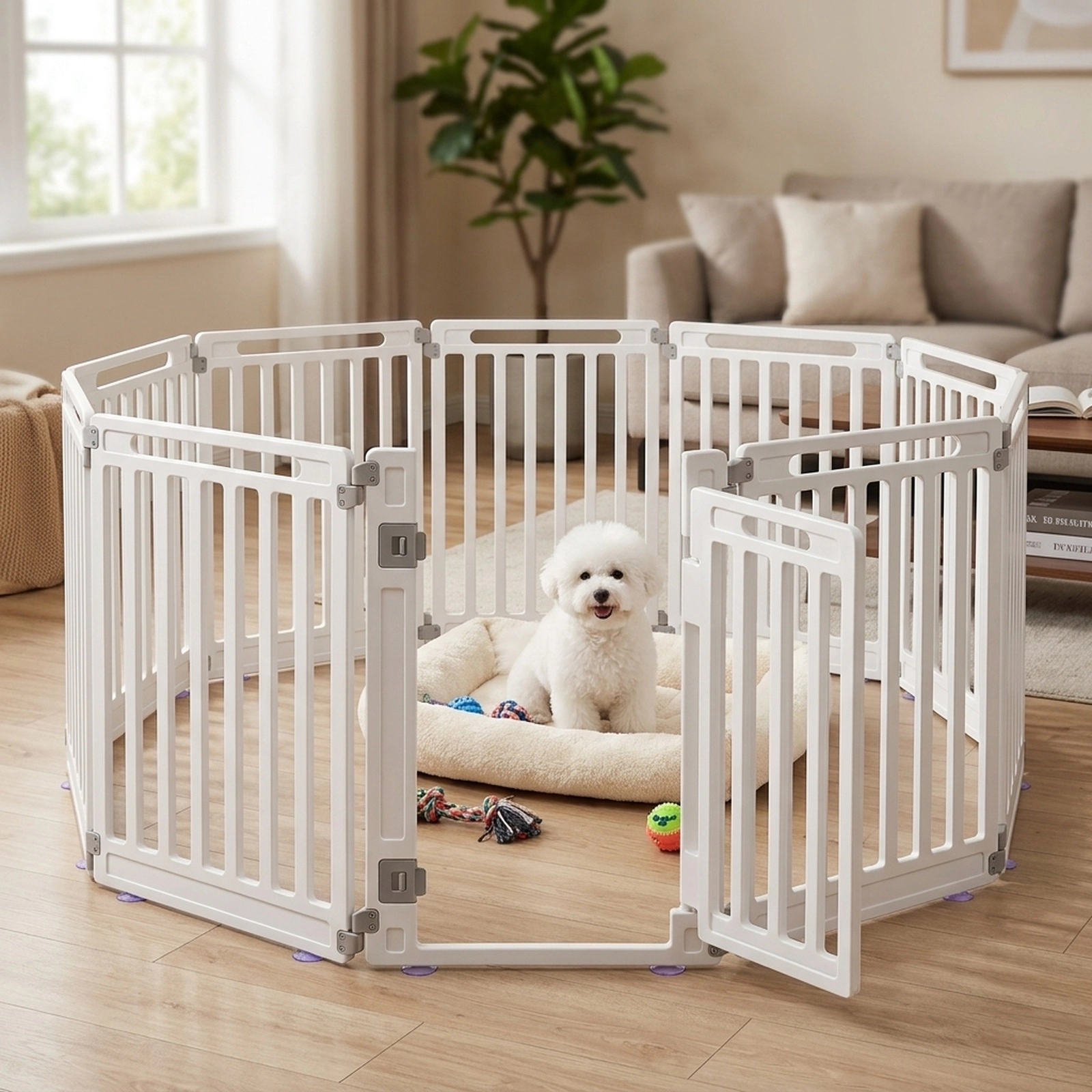 SUGIFT 10-Panel 31.5-in Height Indoor Outdoor Pet Gate Playpen with Rotating Panels and Latching Door Black/White