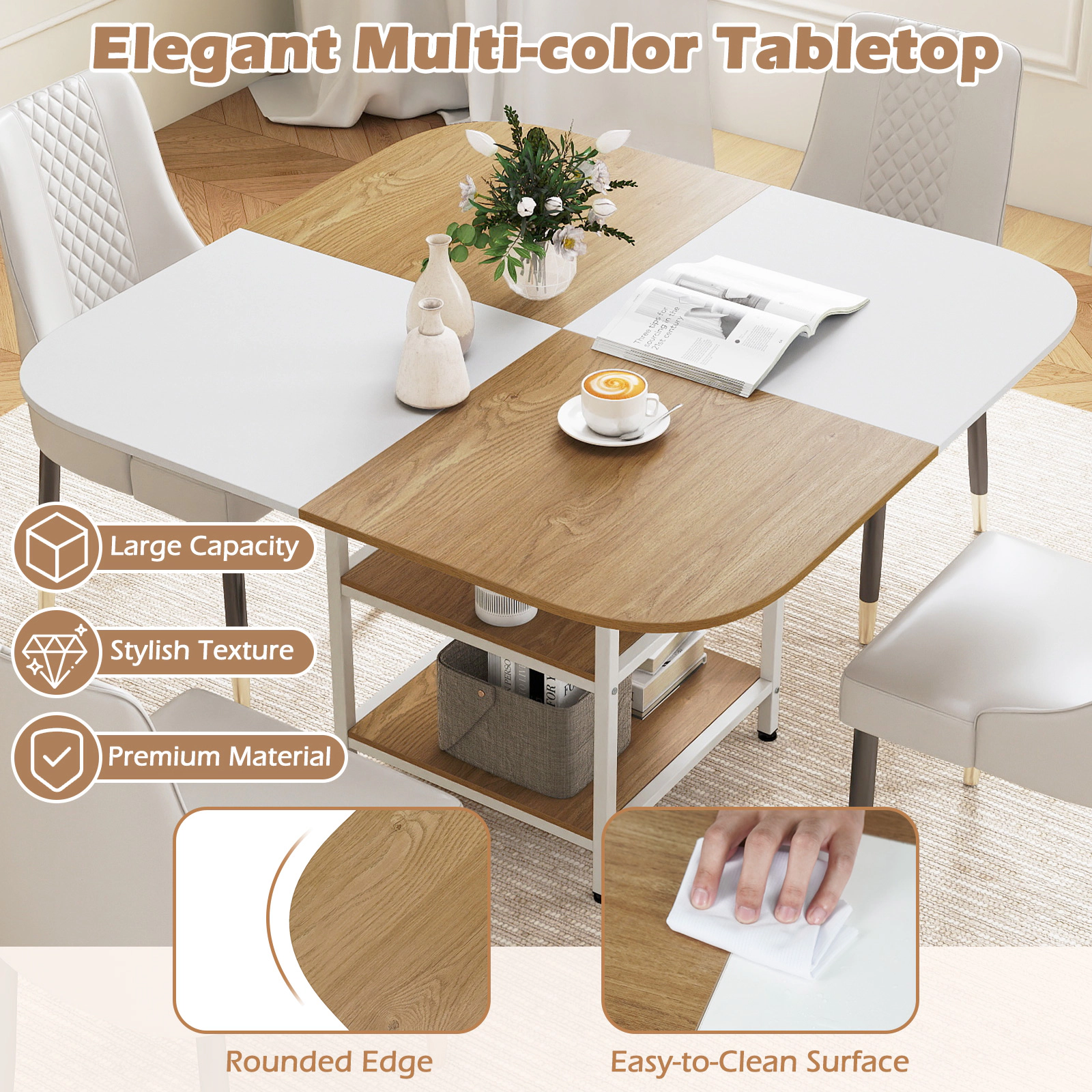 SUGIFT 47.5-Inch Square Dining Table for 4 with 2-Tier Shelves and Metal Frame