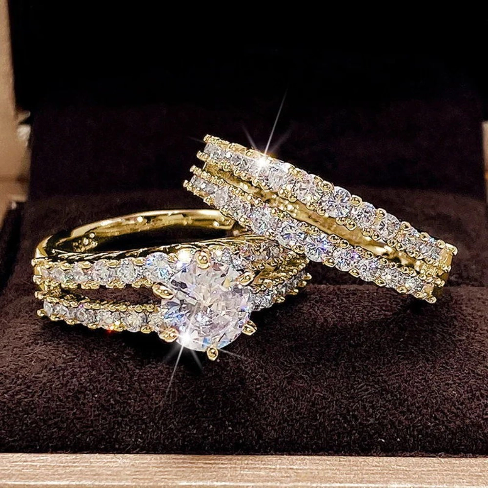 14K Gold Plated Oval Cut Cubic Zirconia Bridal Ring Set 2Pcs Stackable Engagement Wedding Band