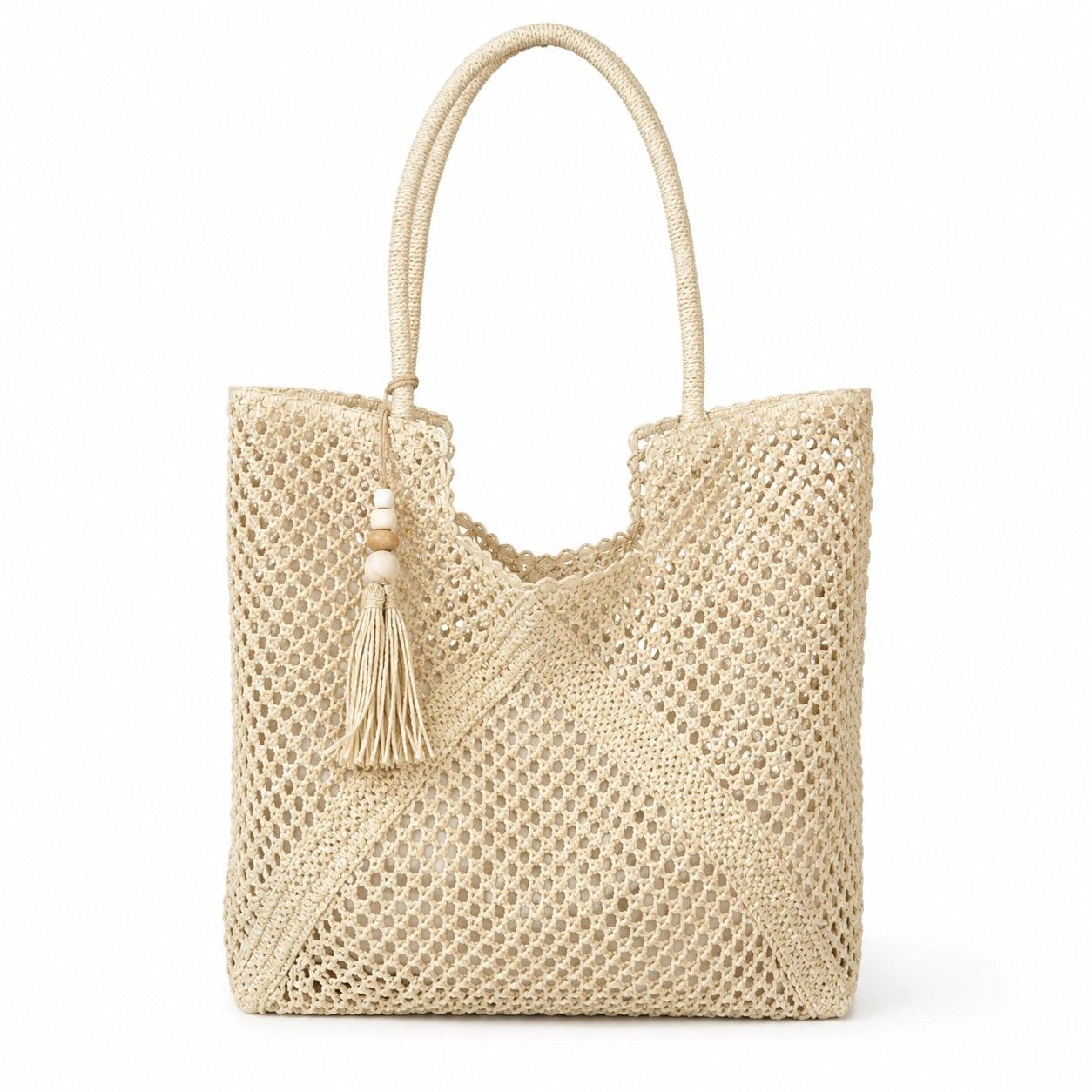 Alilang Women's Open Weave Beach Tote Bag with Zip Closure Rope Handles and Tassel Accent, Beige