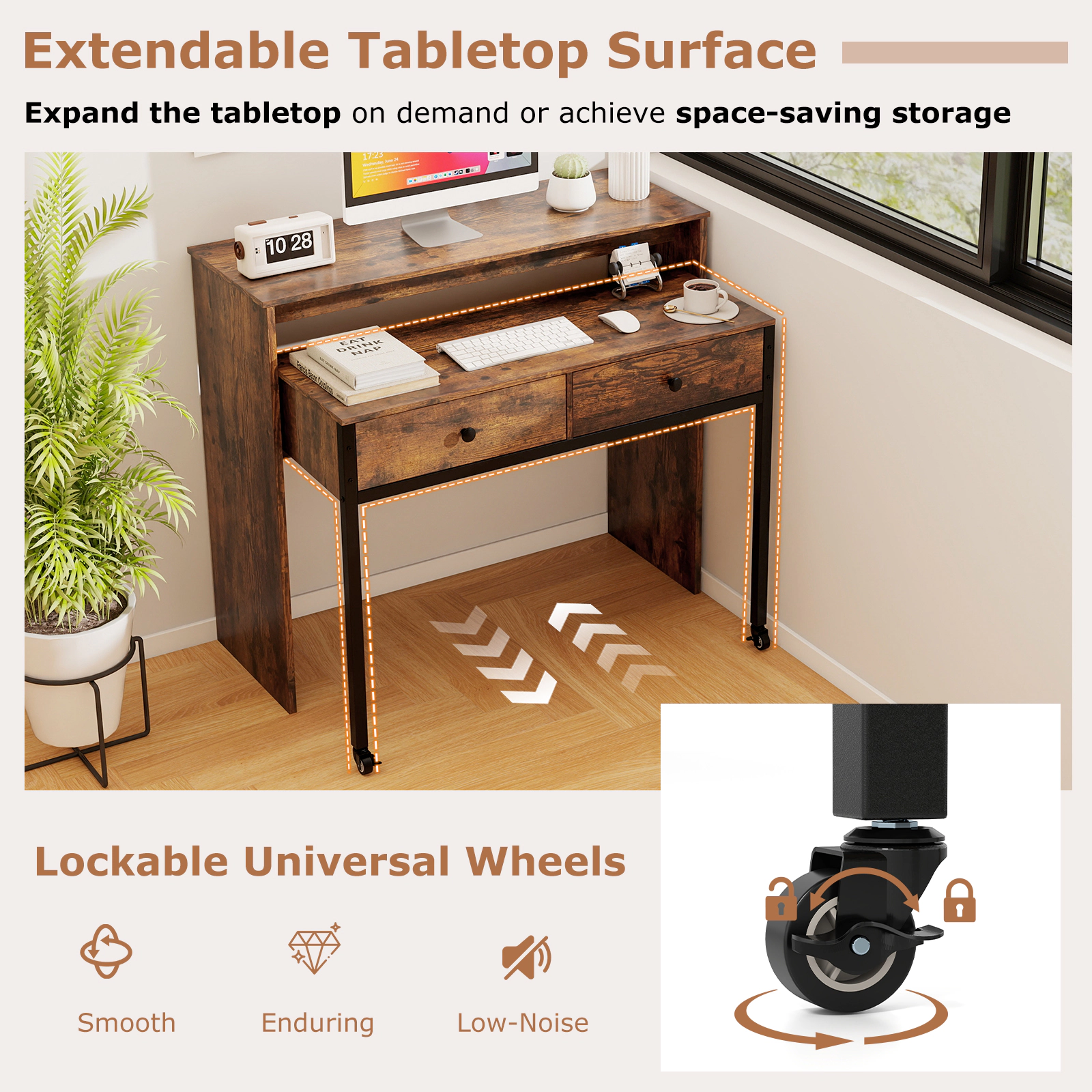 SUGIFT Extendable Computer Desk with Monitor Shelf and 2 Storage Drawers 176-lb Capacity Rustic Brown & Black