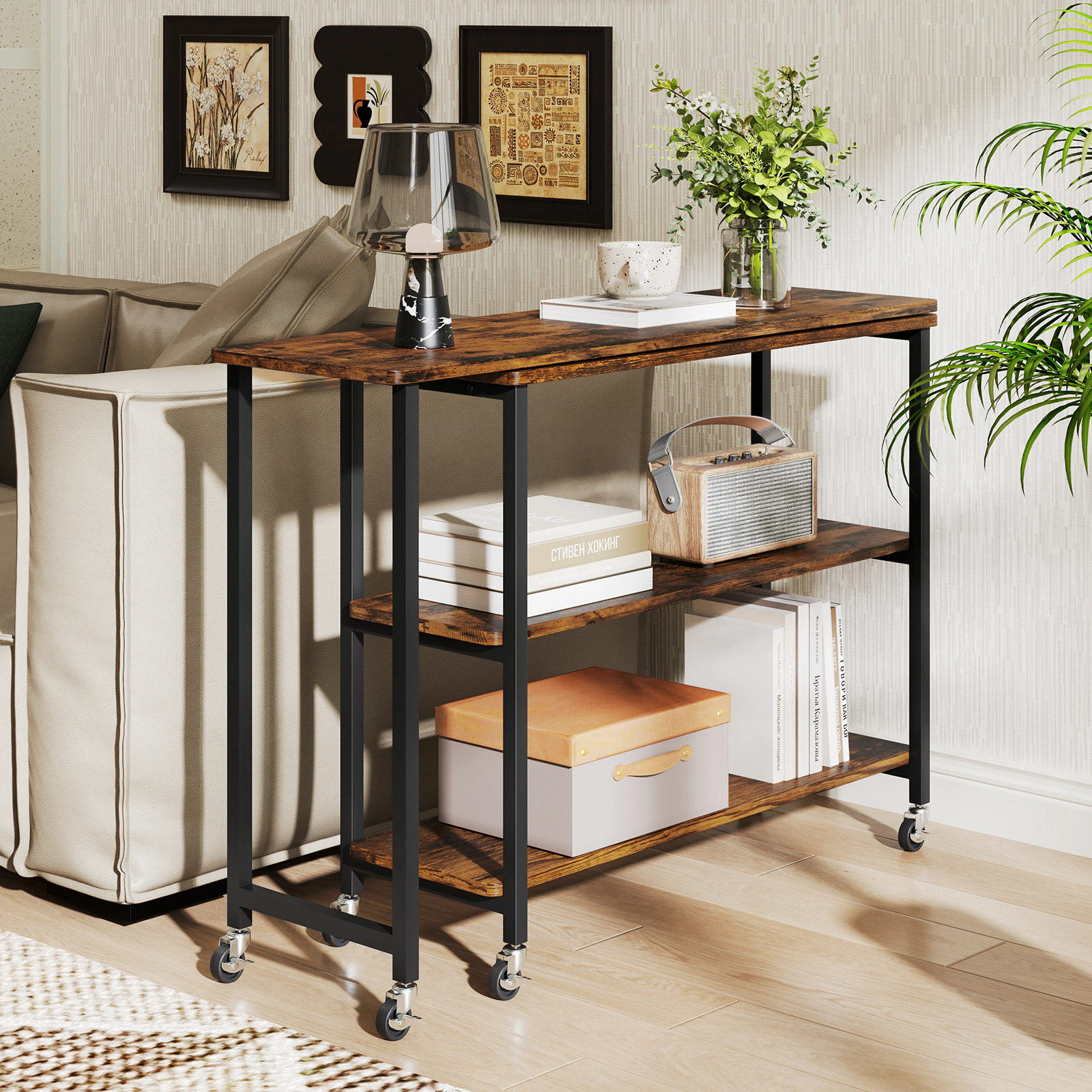 LJG Large 360-Degree Free Rotating Sofa Side Table with Wheels and Storage Shelf