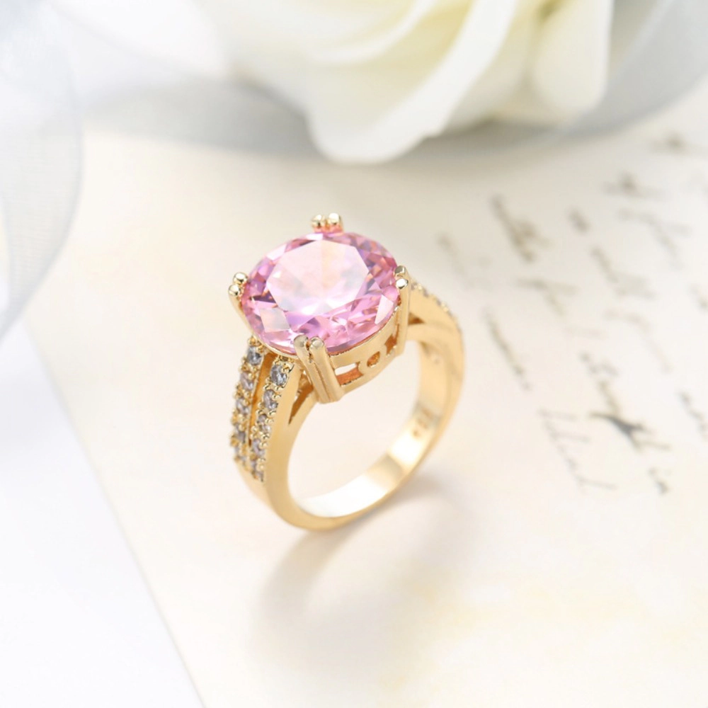 Women's Large Round Pink Cubic Zirconia Statement Ring Gold Tone Split Shank Engagement Ring
