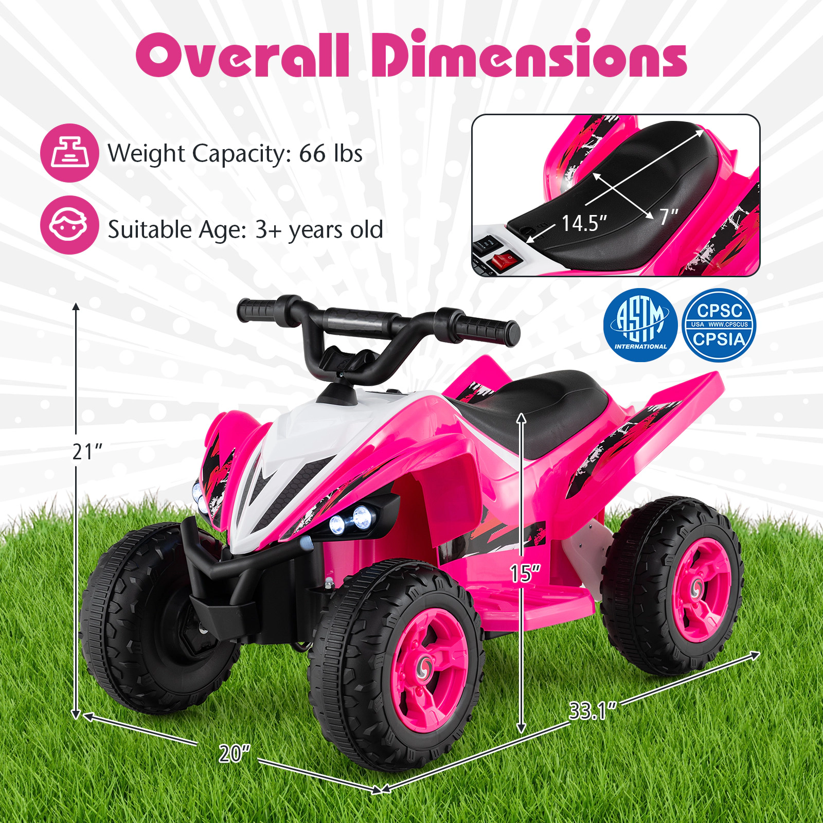 SUGIFT Pink LED Lights and 7 mph Top Speed 12V Kids Ride On ATV 4-Wheeler Quad