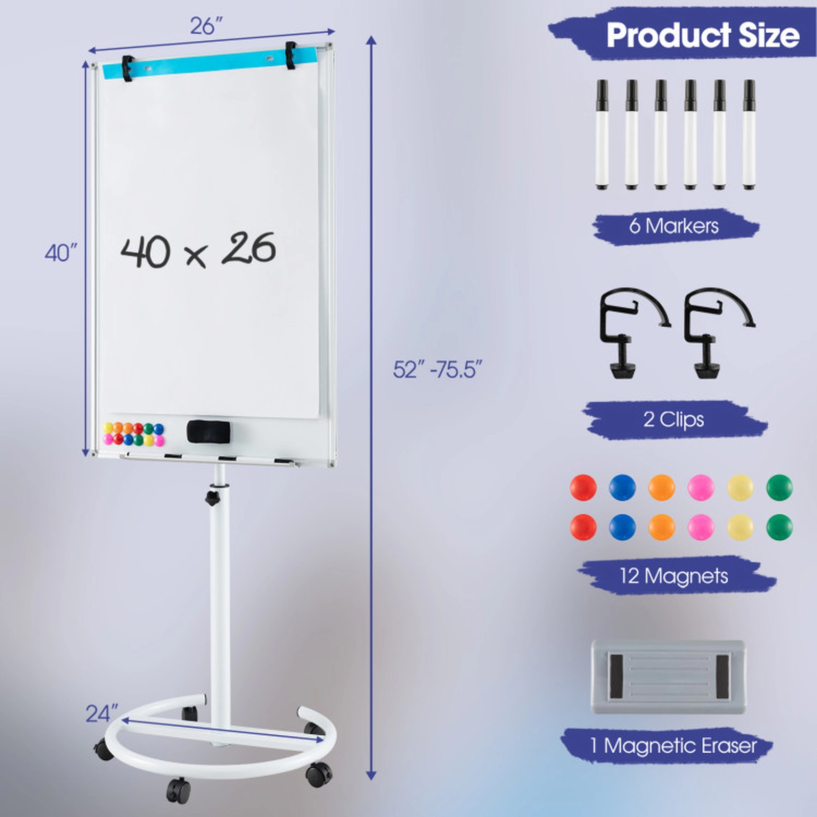SUGIFT 40-in x 26-in Height Adjustable Mobile Magnetic Whiteboard with Round Base Stand and Paper Clips
