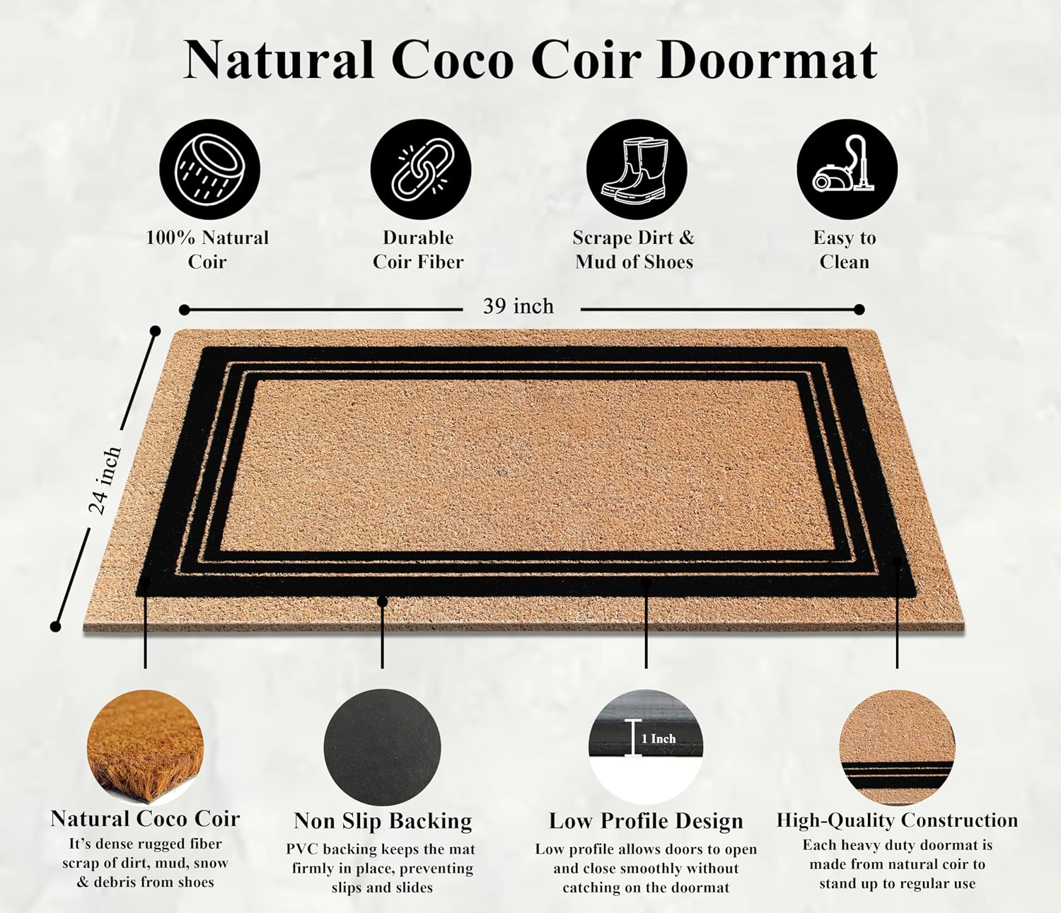 A1 Home Collections Coir Flocked Door Mat 24x39 Inches Anti-Shed Heavy Duty Durable Triple Classic Border Flock