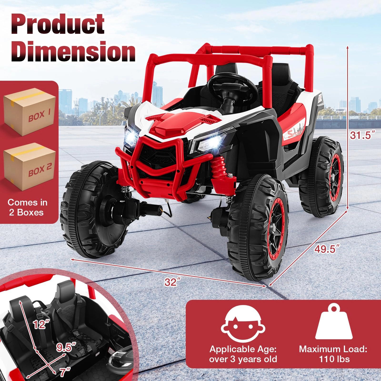 SUGIFT Red 2.4G Remote Control Spring Suspension and Music Kids 24V 2 Seater Ride On UTV