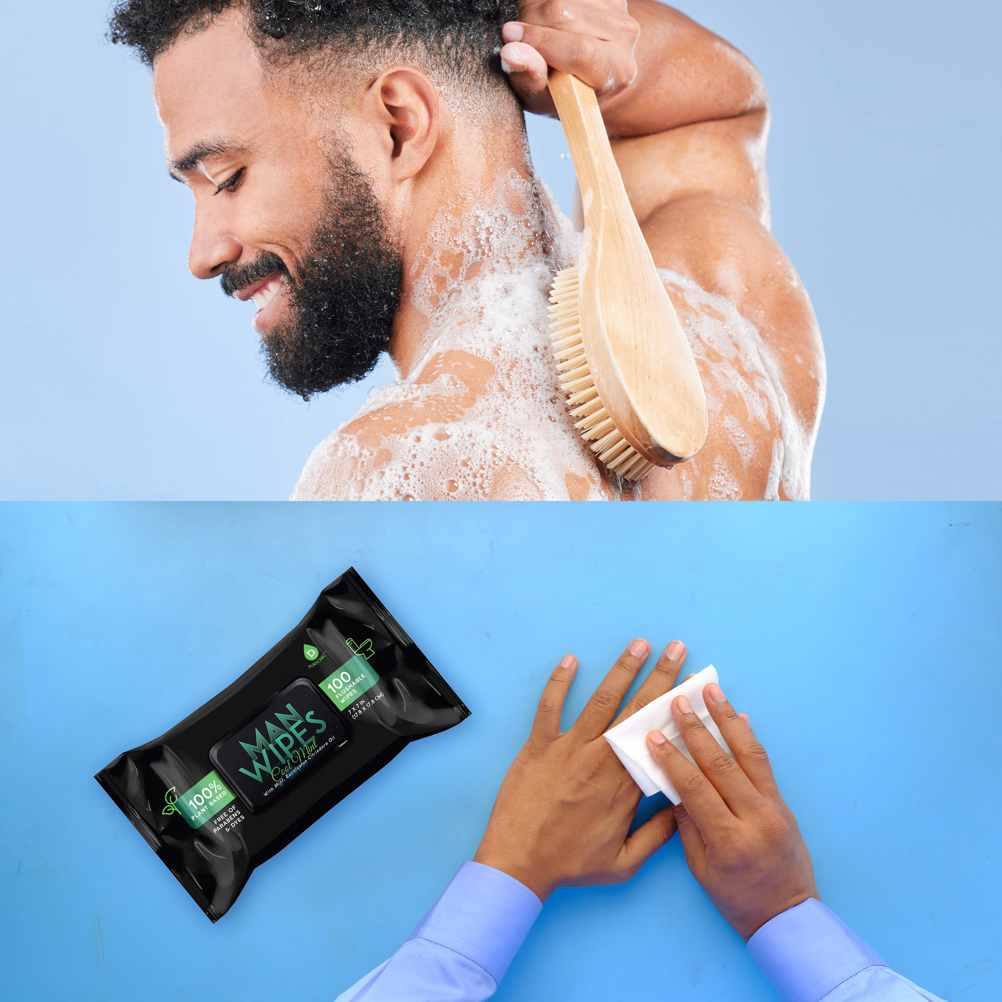 Pursonic Men's Hygiene and Body Care Clean & Refresh Bundle Flushable Man Wipes and Bamboo Handle Bath Body Brush