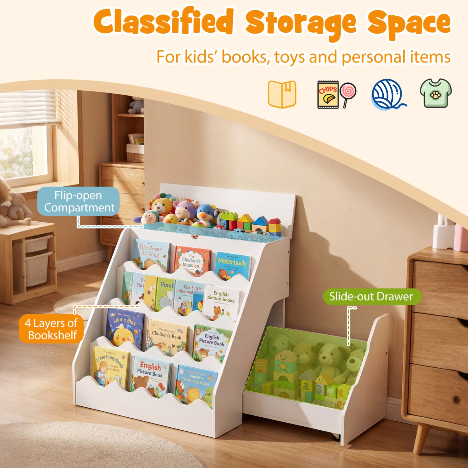 SUGIFT 2-in-1 24.5-in Kids Bookshelf and Rolling Toy Storage Organizer with Flip-Top Compartment and Drawer