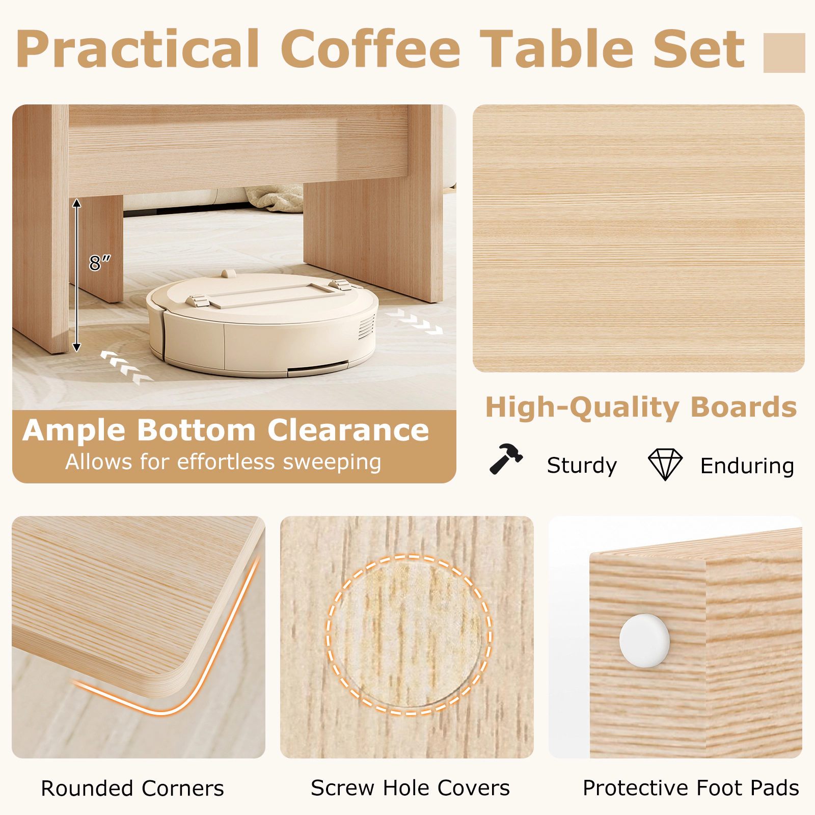 Glintex 2-Piece Modular L-Shaped Coffee Table Set for Small Spaces