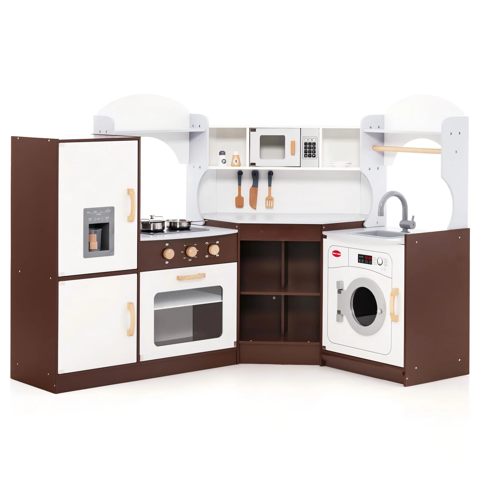 SUGIFT Corner Toddler Kitchen Playset with Ice Maker Microwave Oven Sink and Washing Machine Ages 3-10 White/Pink/Brown