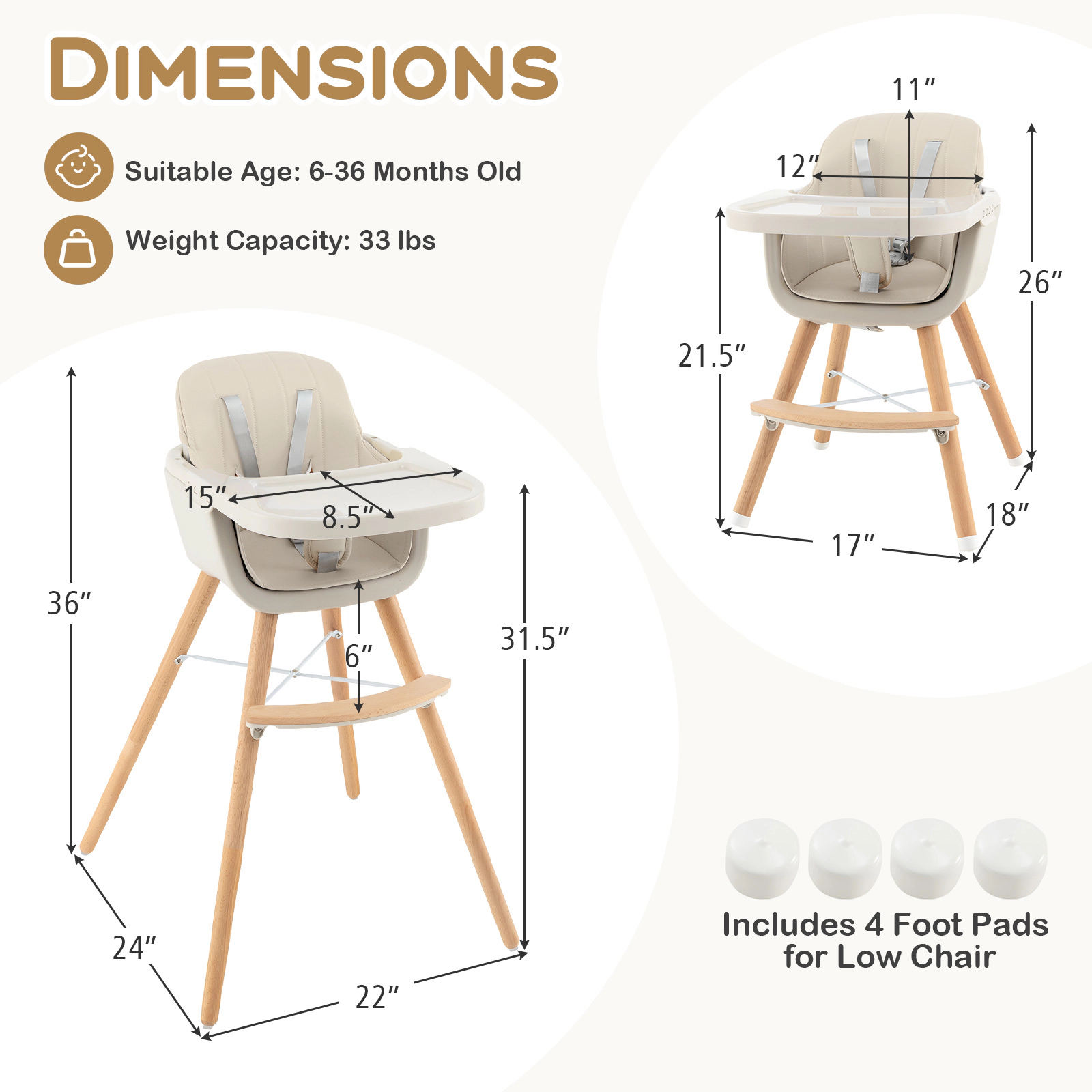 SUGIFT 3-in-1 Convertible Wooden High Chair with Cushion 35-lb Capacity Ages 6 Months-3 Years Beige