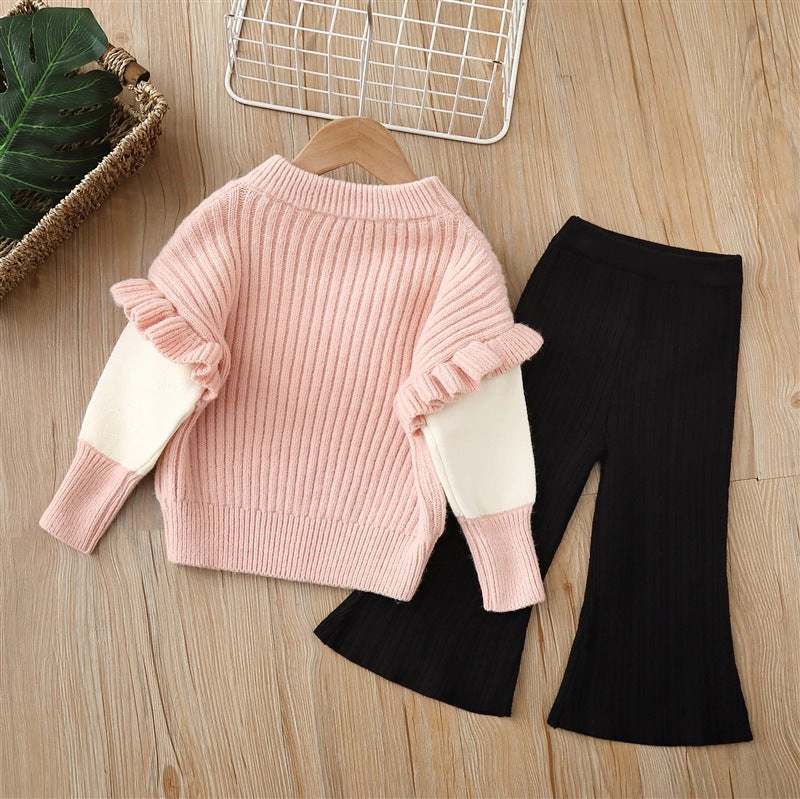 MyKids-USA Baby Solid Color Bow Patched Sweater With Pants Sets