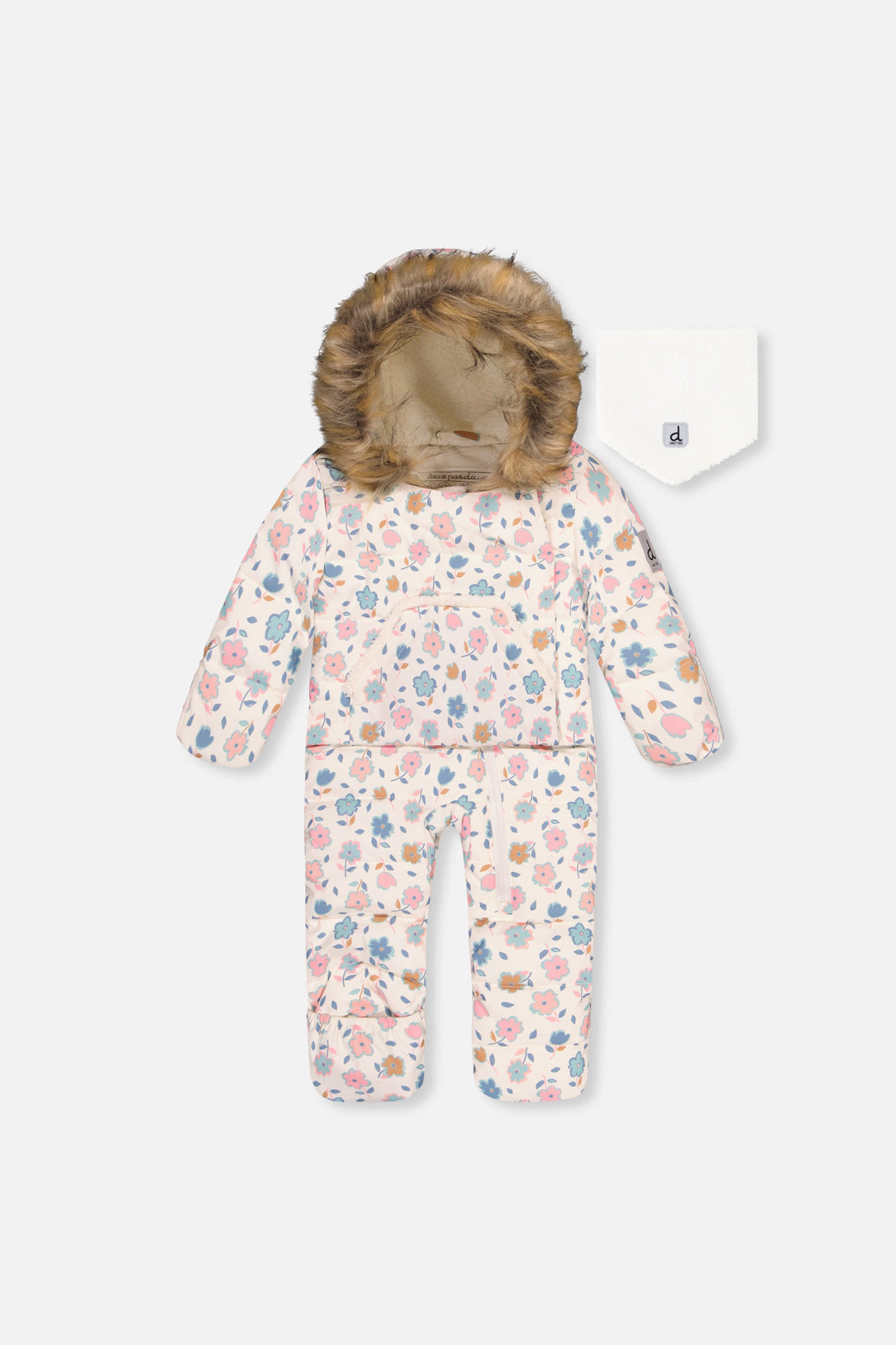 Deux par Girls Snug Floral Print One Piece Snowsuit Adapted for Car Seats with Faux Fur-Trimmed Hood
