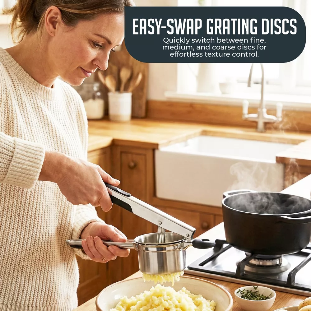 Luminuxe 15oz Potato Ricer, Heavy Duty Stainless Steel Potato Masher & Ricer Kitchen Tool, Nonslip Handle, Press & Mash