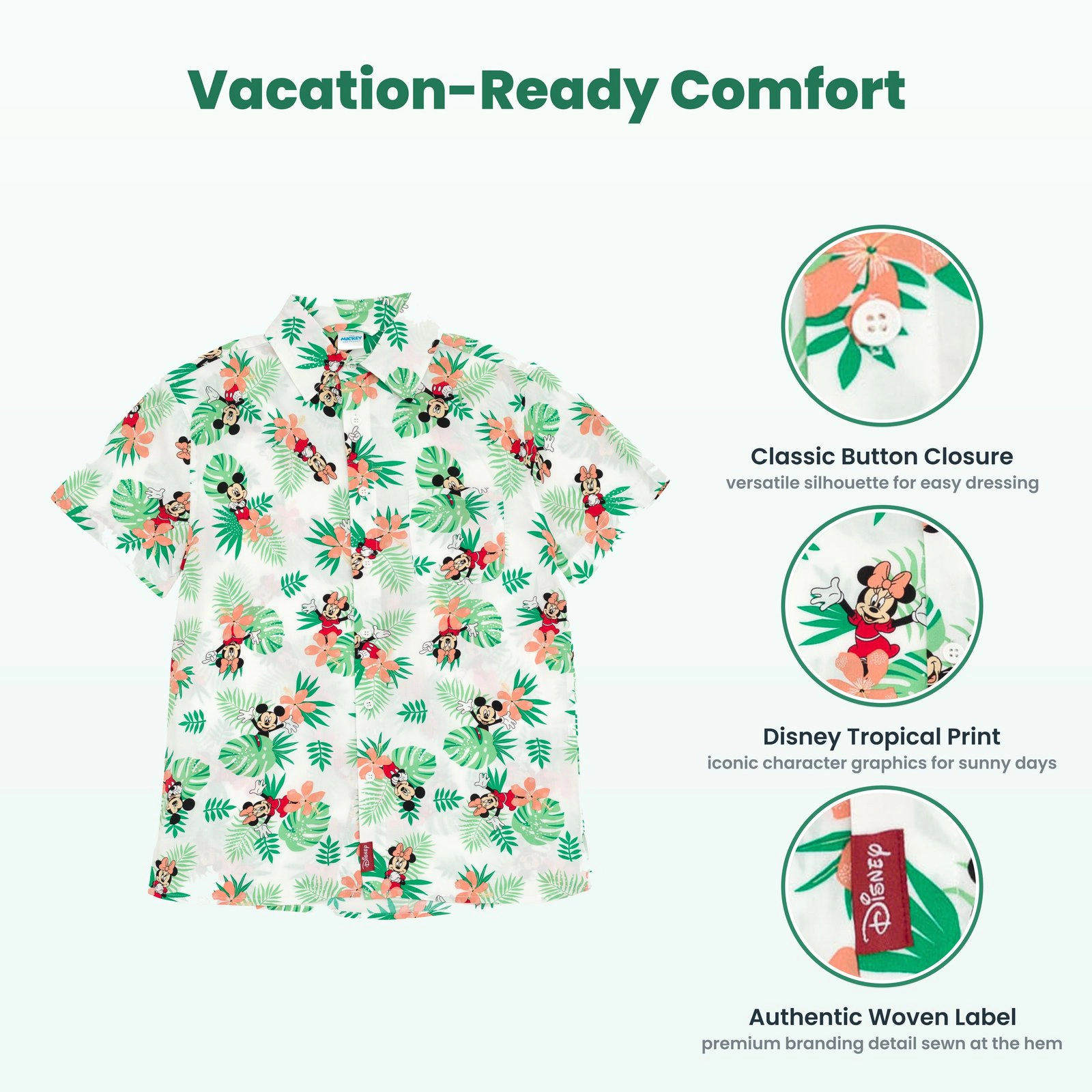 Disney Mickey Mouse & Friends Matching Family Tropical Button Down Shirt and Strappy Dress
