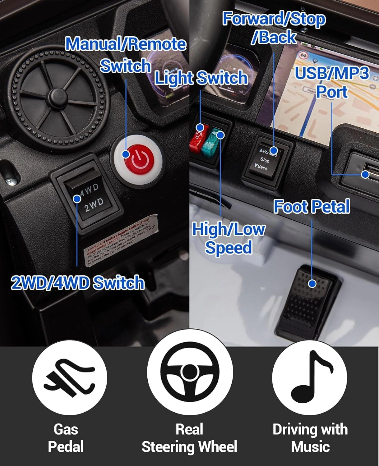 24V Licensed Toyota Land Cruiser Ride-On, 2-Seater 4WD/2WD Switch, Remote Control, LED Lights, Bluetooth, Shovel