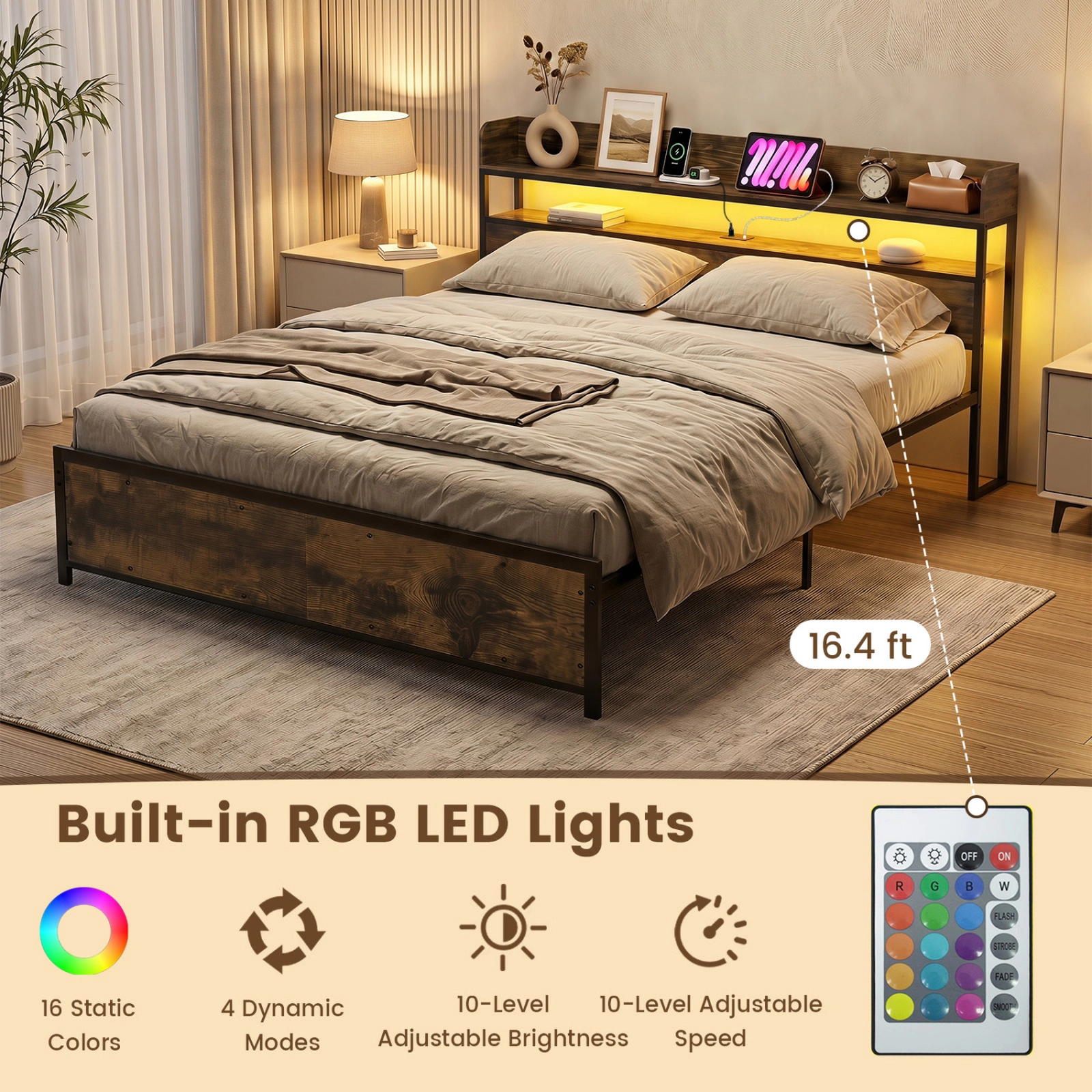 SUGIFT Rustic Brown Power Outlets Storage Headboard and Remote King Size LED Bed Frame