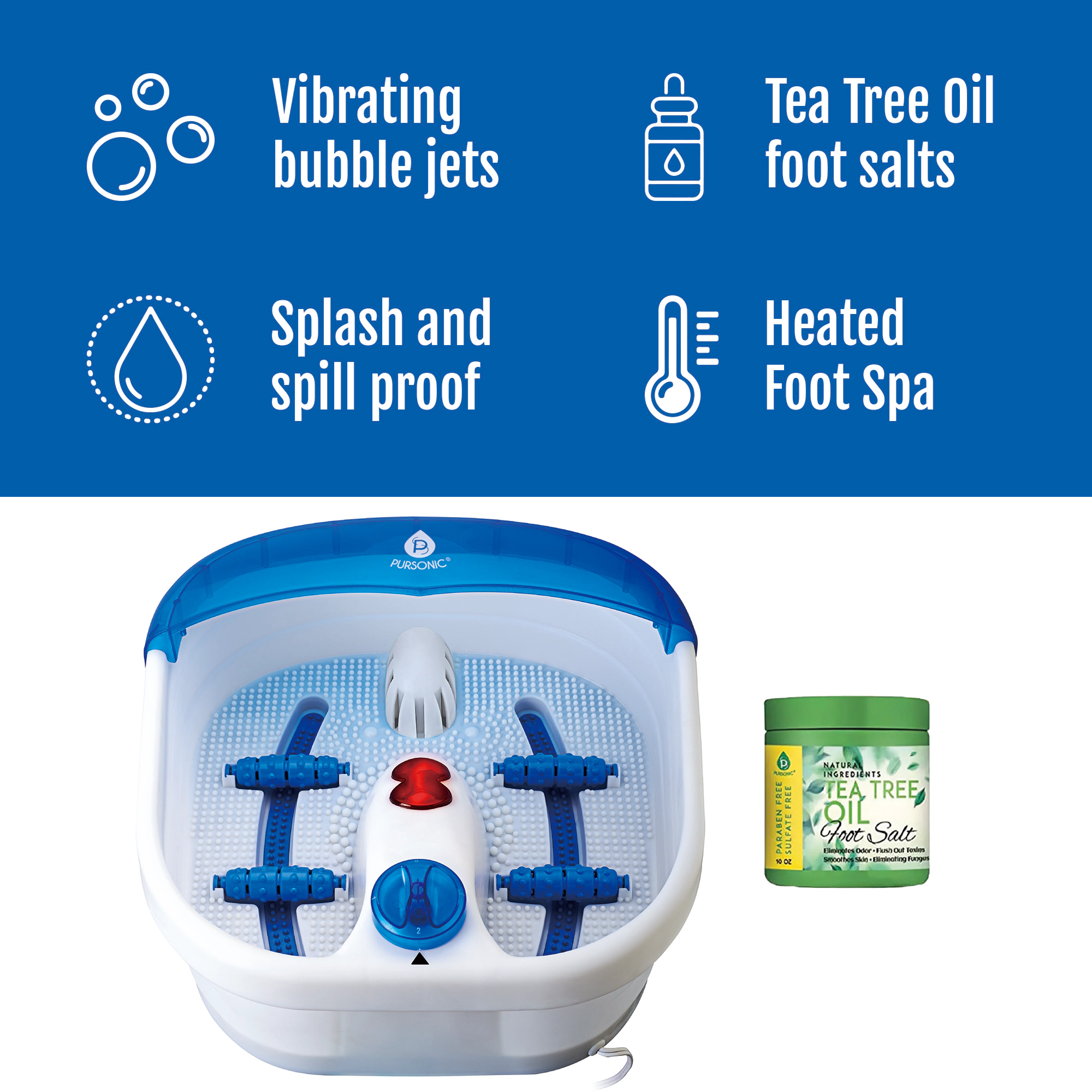 Pursonic Unisex Heated Foot Spa Massager with Vibrating Bubble Jets, Tea Tree Oil Foot Salt Scrub & Heating Function