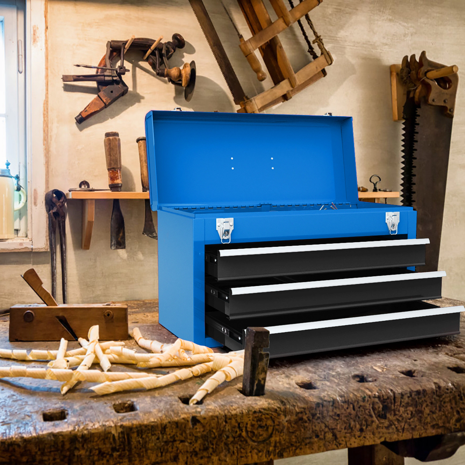 SUGIFT Portable Garage Mechanic Tool Cabinet Box with 3 Drawers 22-lb Drawer Capacity Blue