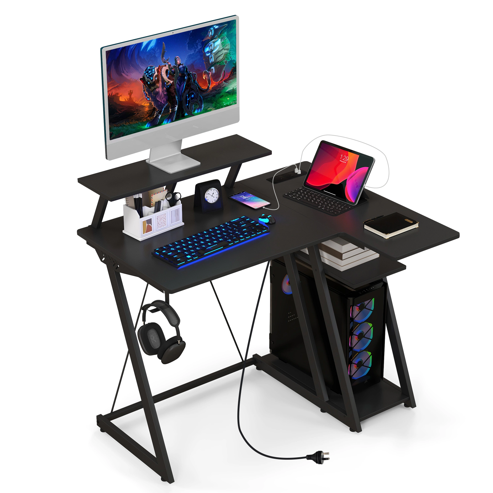 SUGIFT L Shaped Gaming Desk with Monitor Stand, Outlets and USB Ports 200-lb Tabletop Capacity 39-in Wide Black