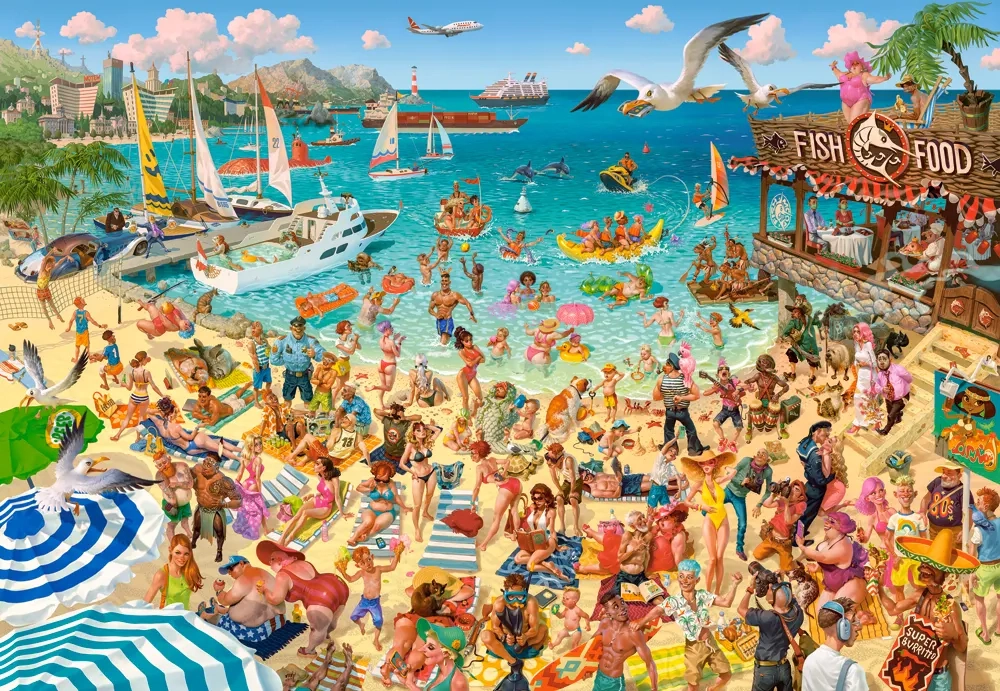 CASTORLAND 1000 Piece Jigsaw Puzzles, Fun by the Sea, Art, Tropical Beach Resort Chaos, Humorous Vacation, C-105151-2