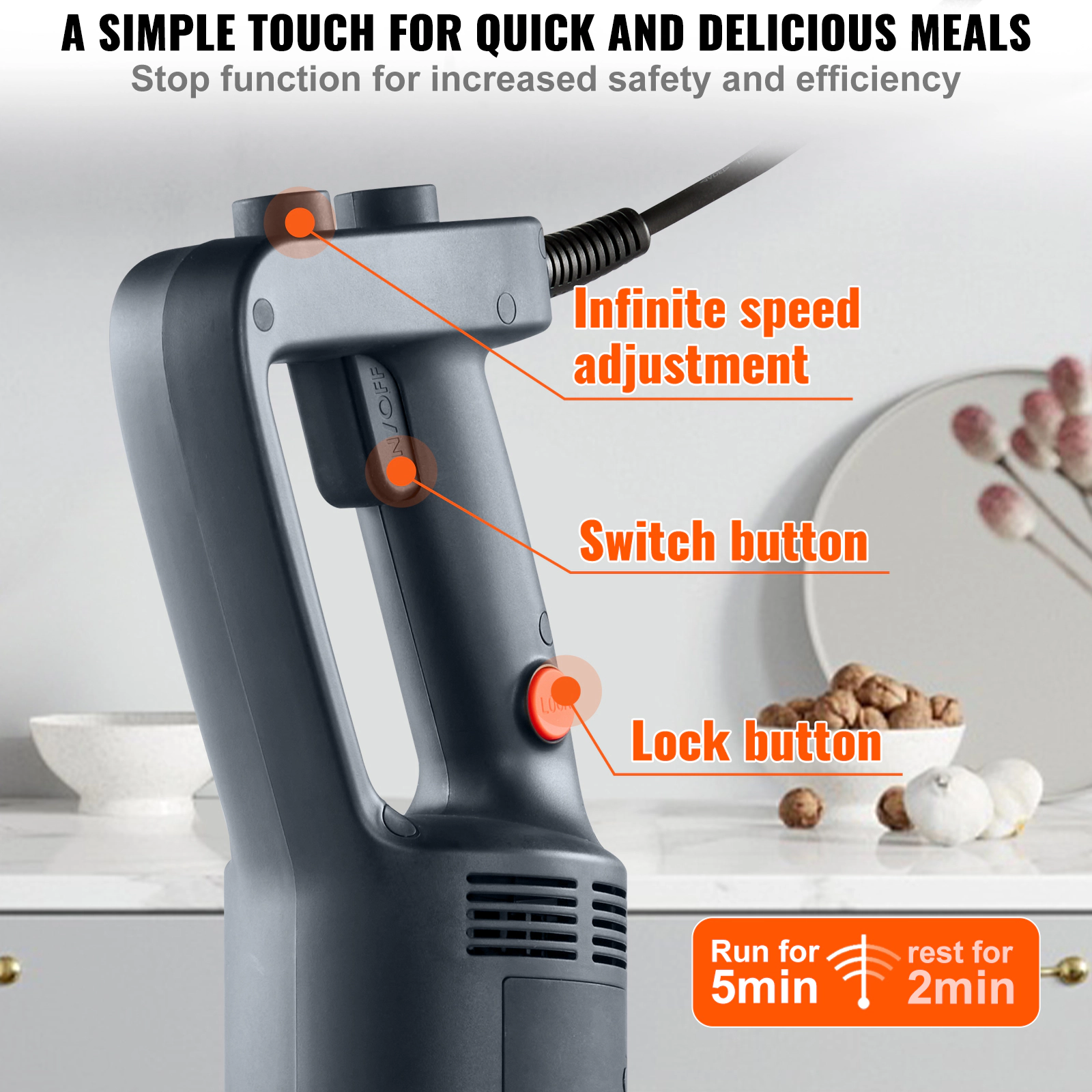 HONGGE Commercial Immersion Blender 750W Heavy Duty Hand Mixer Variable Speed Kitchen Stick with 304 Stainless