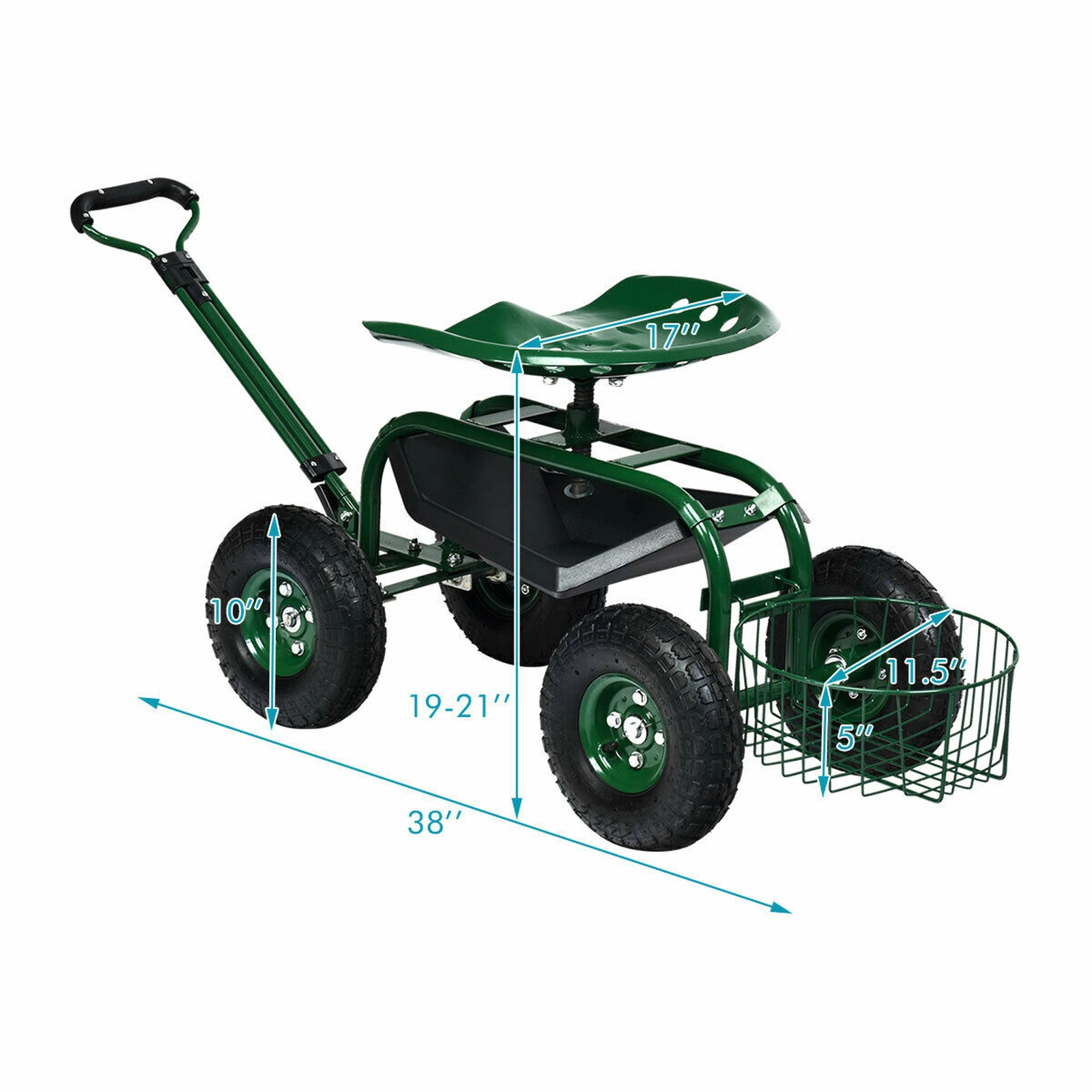 SUGIFT Heavy Duty Garden Cart with Tool Tray and 360 Swivel Seat 330-lb Capacity Green