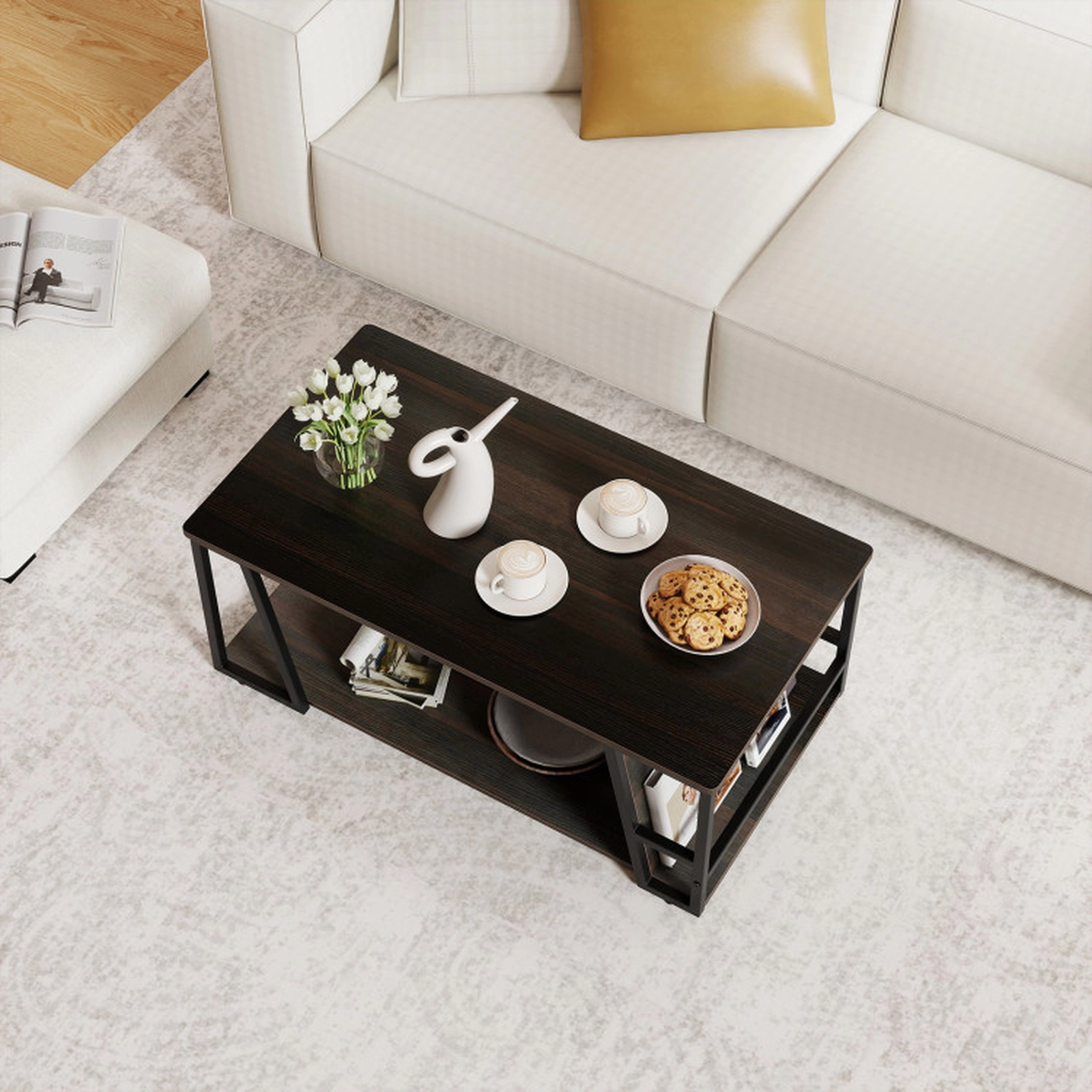 SUGIFT 2-Tier Magazine Compartment Open Shelf Industrial Coffee Table 40-in x 32-in x 16-in 176-lb Capacity Brown