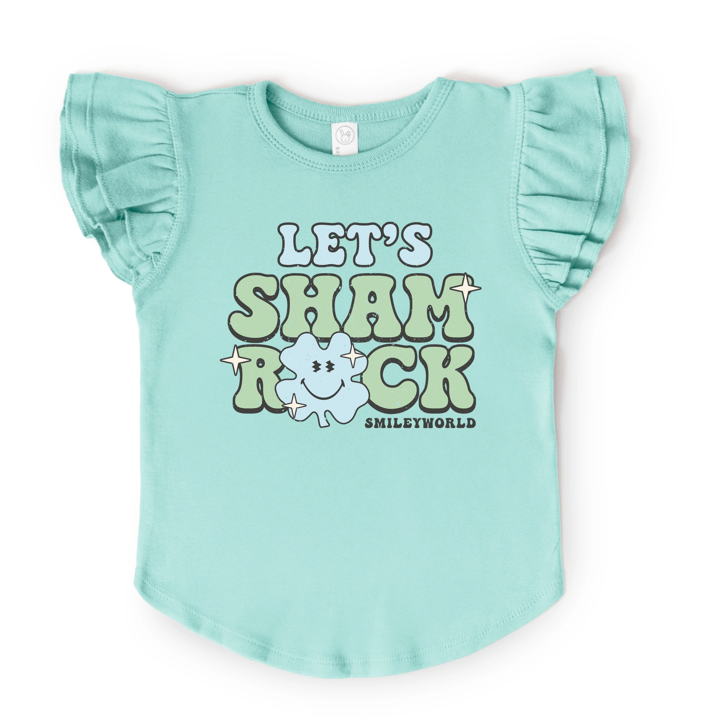 The Juniper Shop - Girl's Flutter Sleeve Graphic T-Shirt - SmileyWorld Let's Shamrock